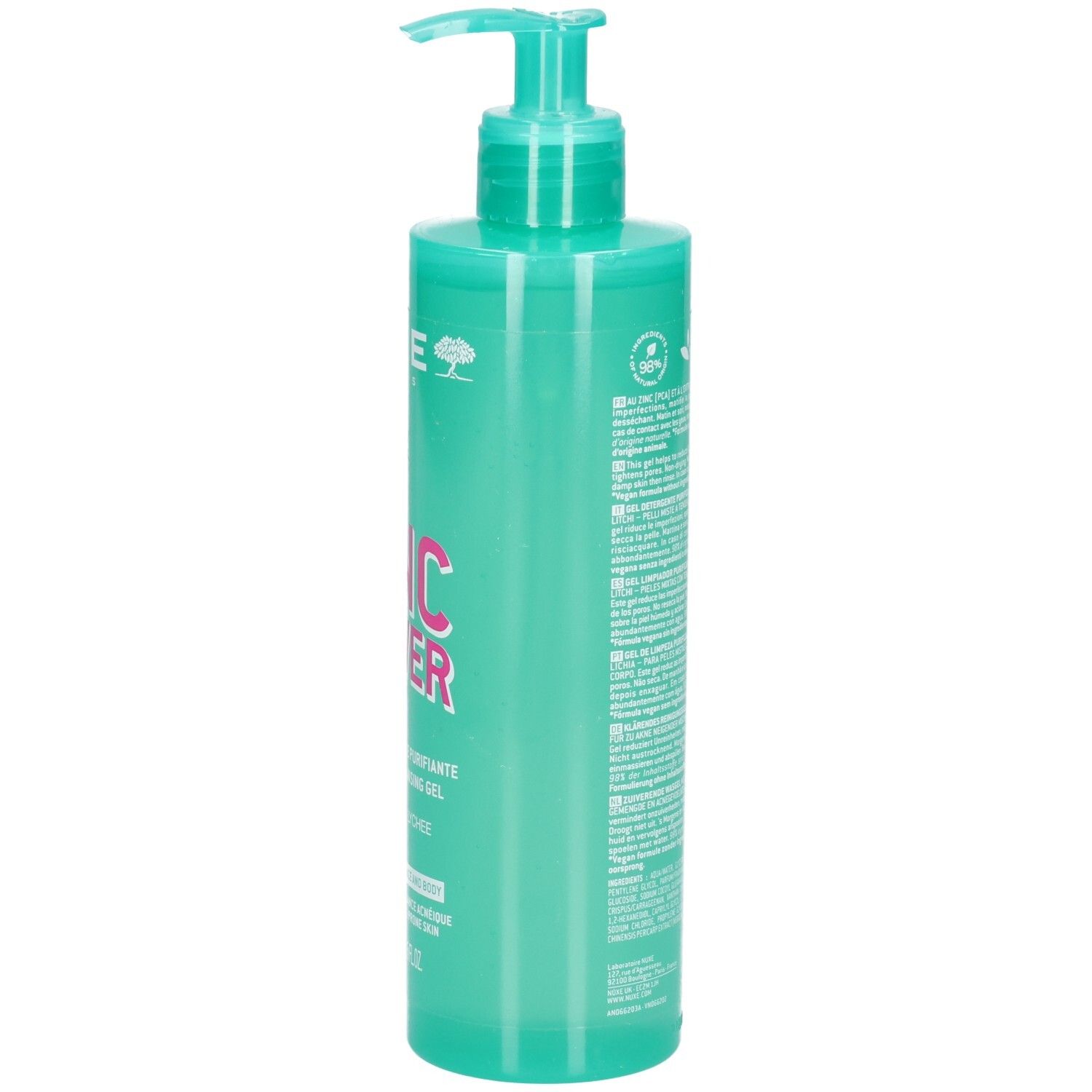Seitenansicht der Nuxe Zinc Power Reinigungs-Gel Flasche mit Pumpspender.