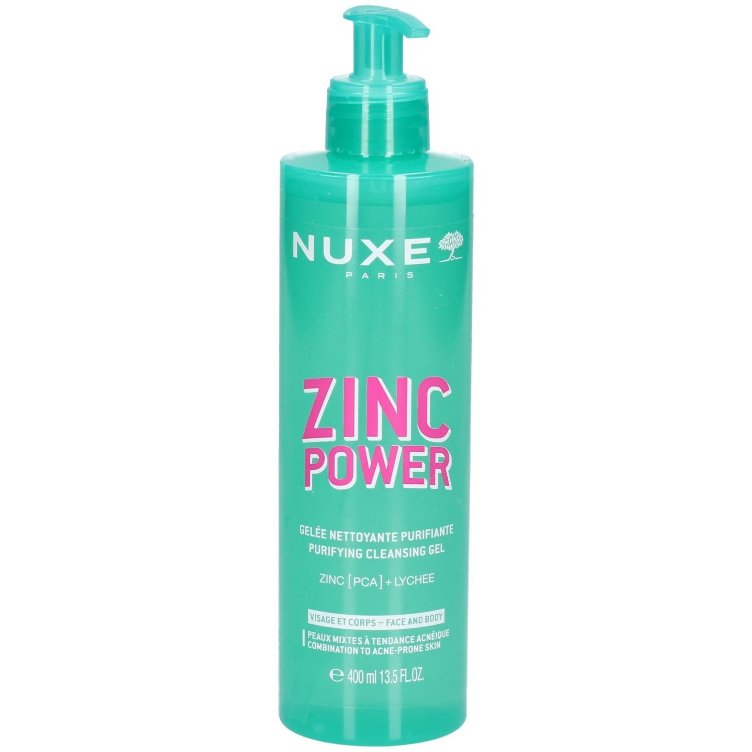 Nuxe Zinc Power Reinigungs-Gel in türkiser Flasche mit Pumpspender, leicht schräg.
