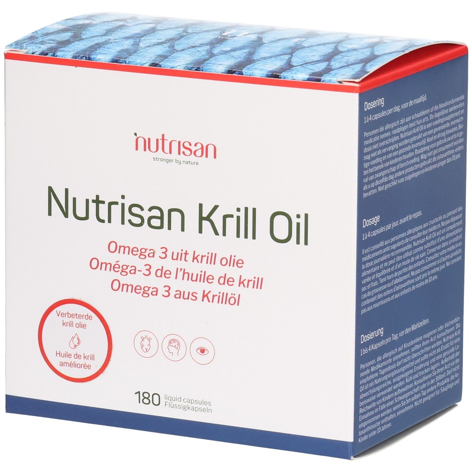Nutrisan Krill Oil Verpackung mit 180 Flüssigkapseln. Enthält Omega 3 aus Krillöl.