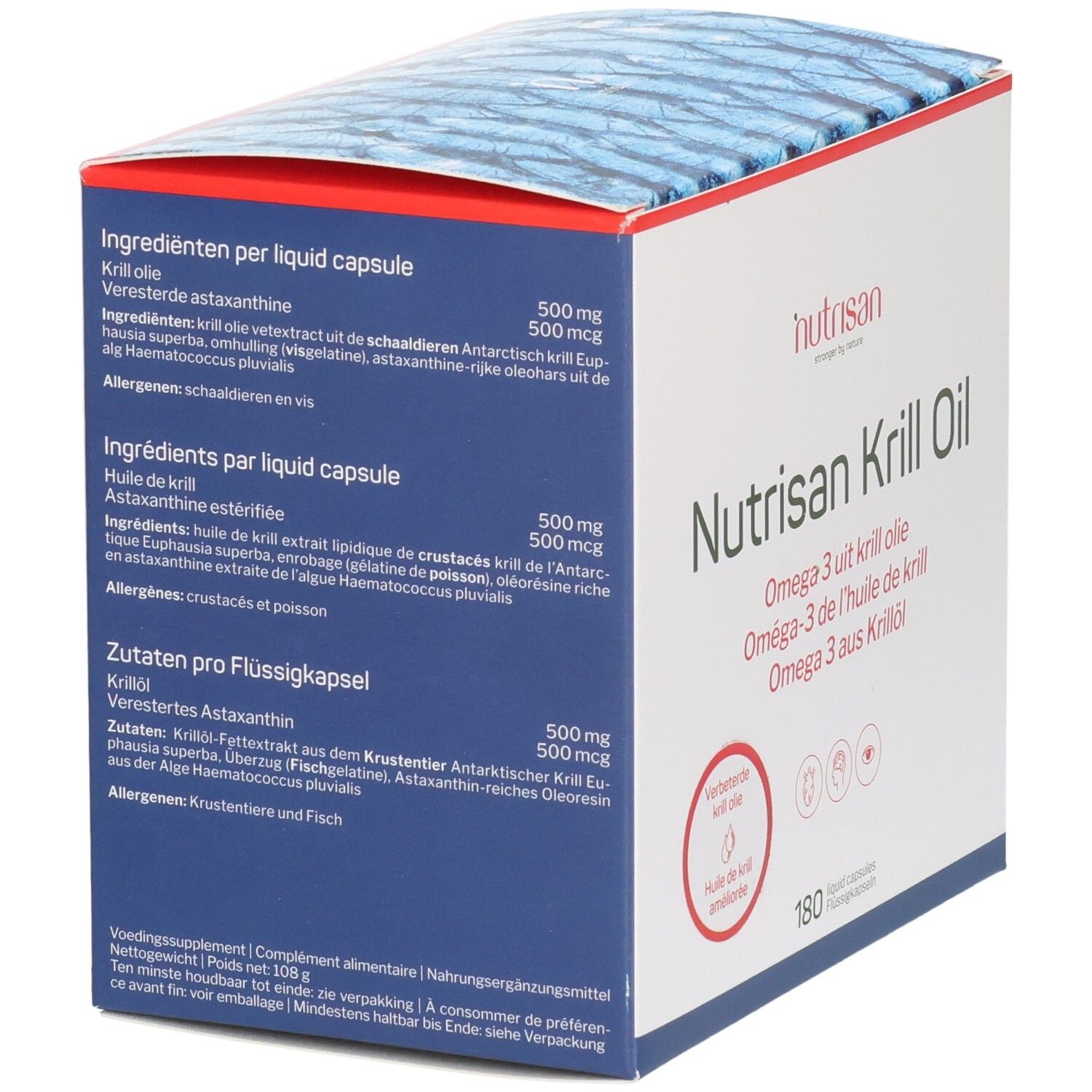 Nutrisan Krill Oil Verpackung, Rückseite mit Zutatenliste pro Flüssigkapsel.