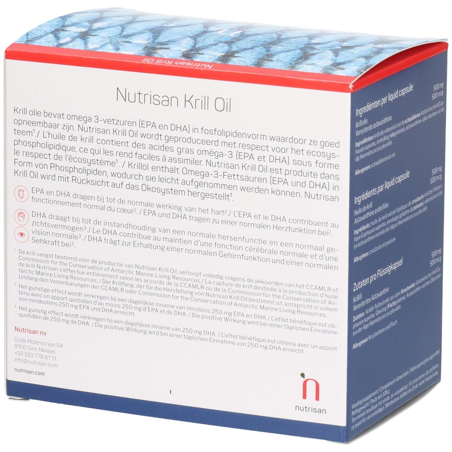Nutrisan Krill Oil Verpackung, Rückseite mit Produktinformationen und Siegeln.