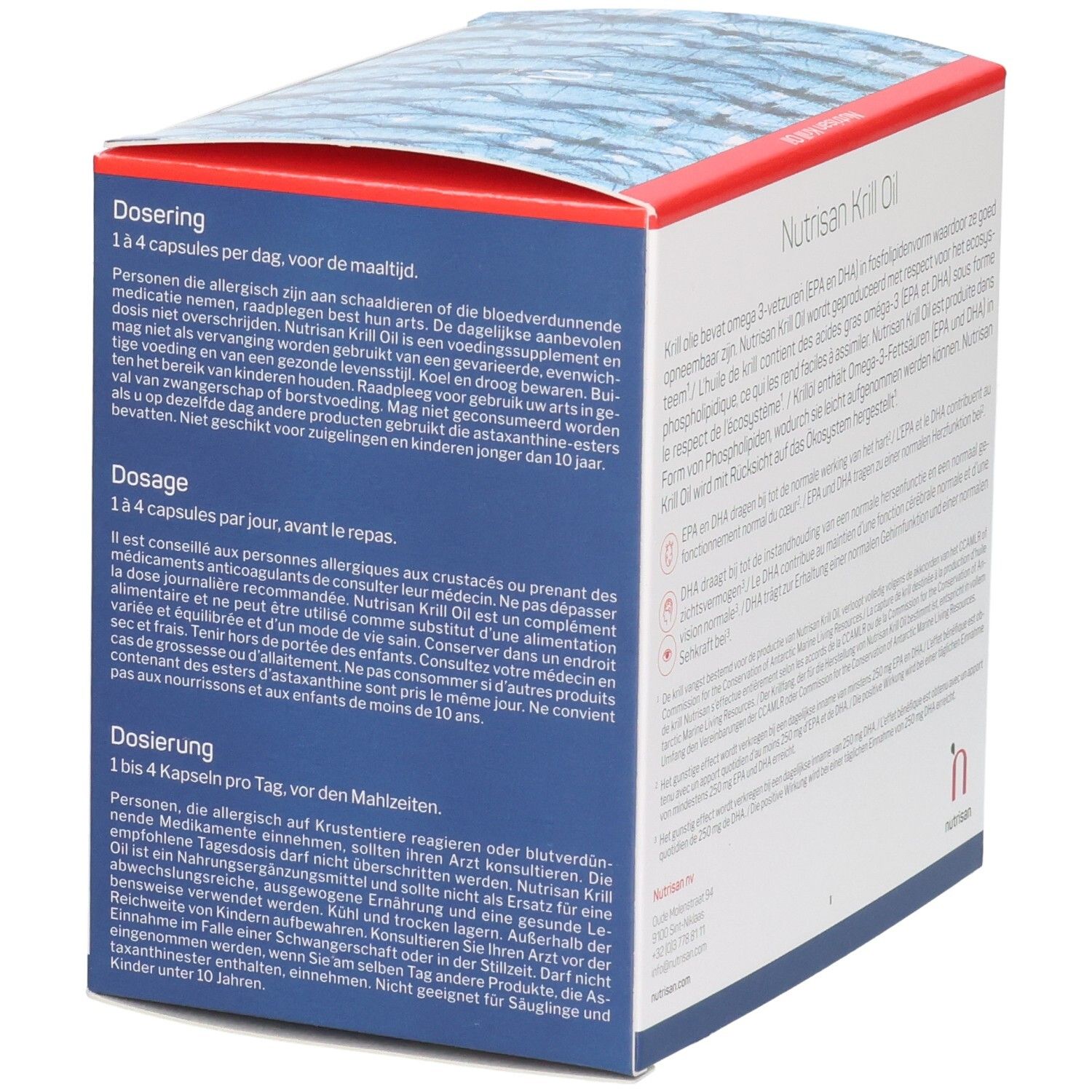 Nutrisan Krill Oil Verpackung, Seite mit Dosierungsanleitung in mehreren Sprachen.