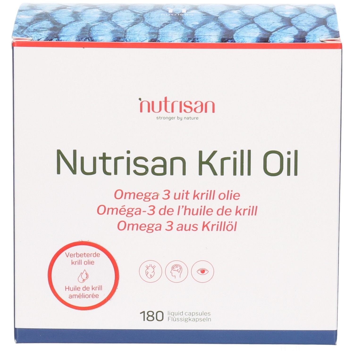 Nutrisan Krill Oil Verpackung, Vorderseite mit Produktnamen und Omega 3 Hinweis.