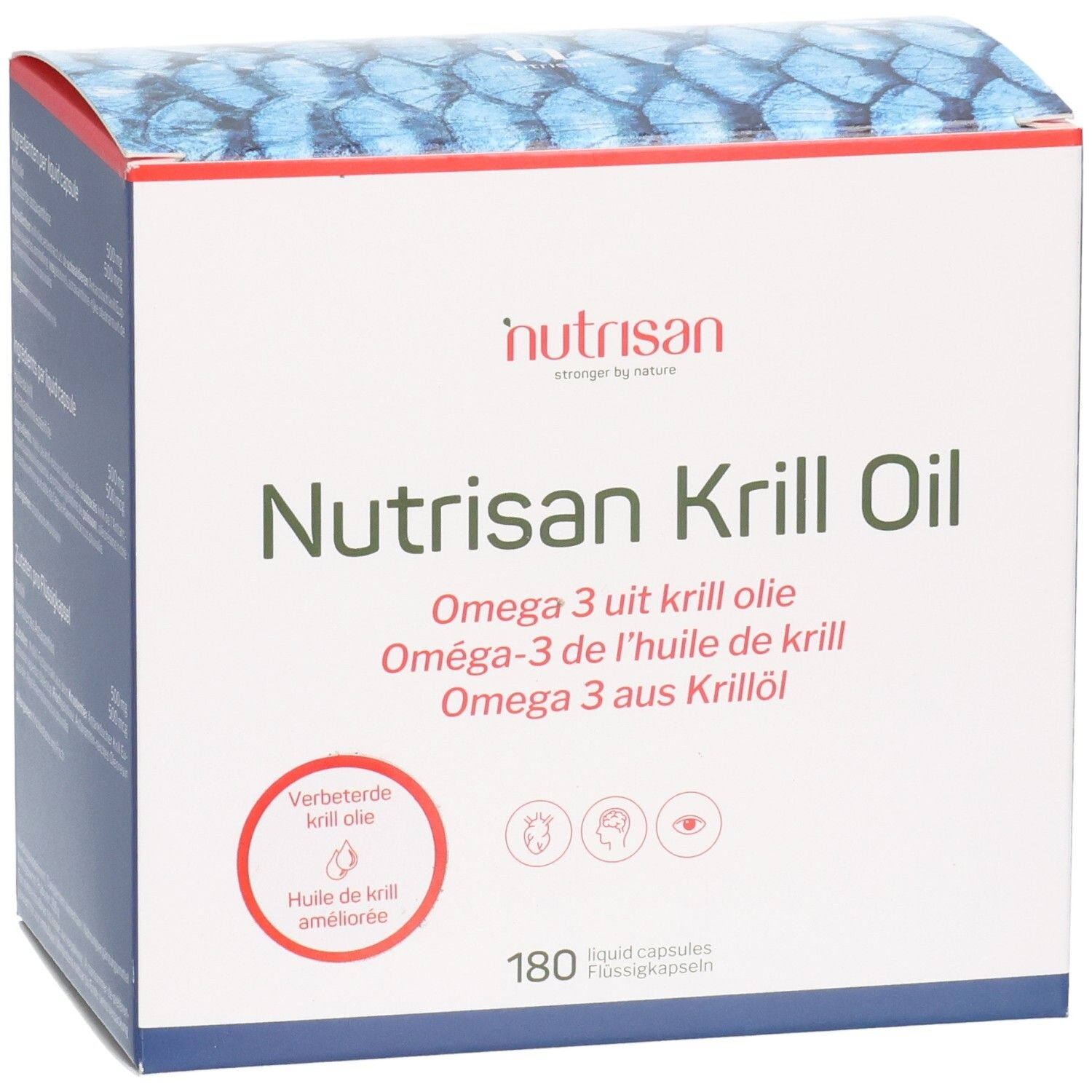 Nutrisan Krill Oil Verpackung, Vorderseite mit Produktnamen und Omega 3 Hinweis.