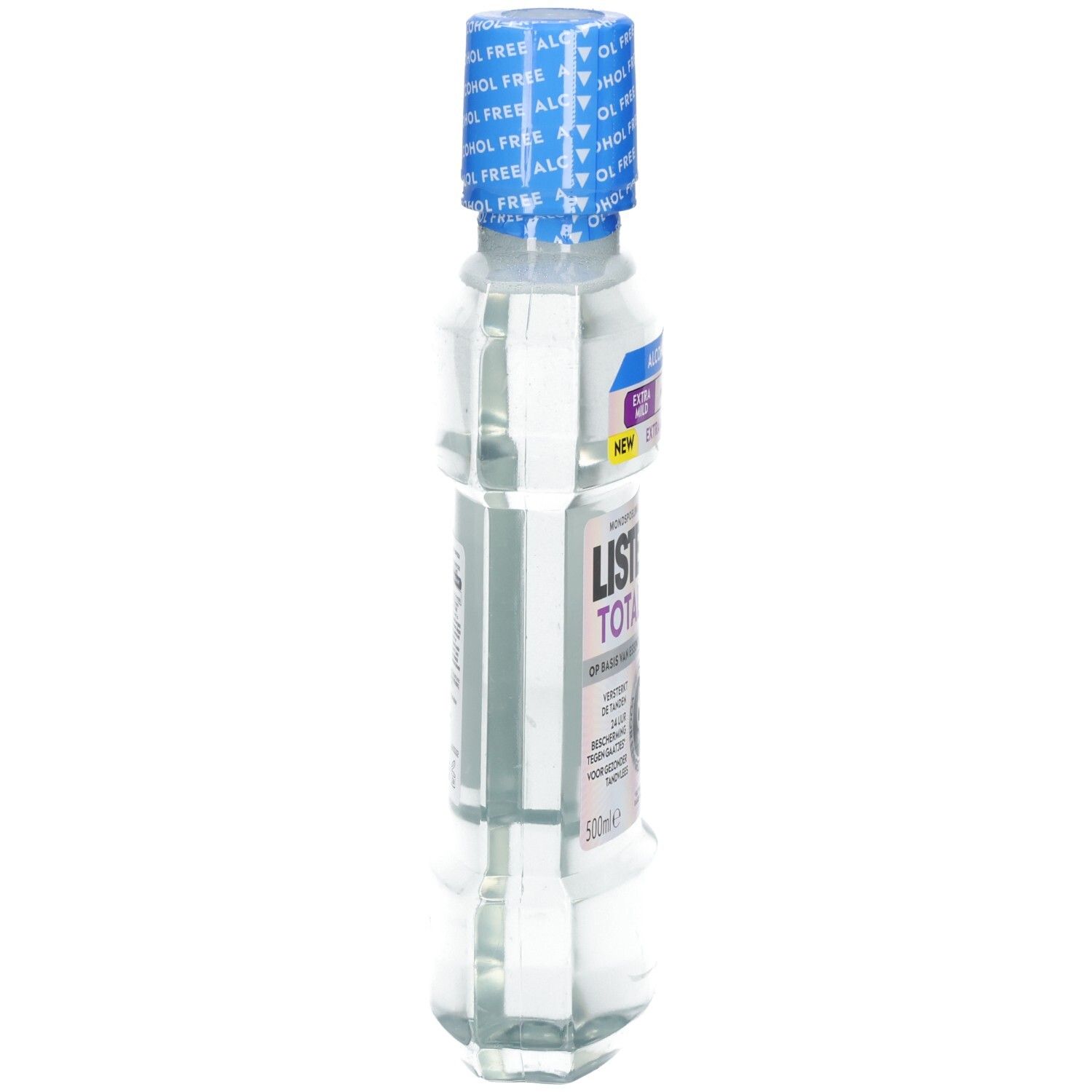 Flasche verflüssigtes Mundwasser mit blauem Deckel und Etikett.