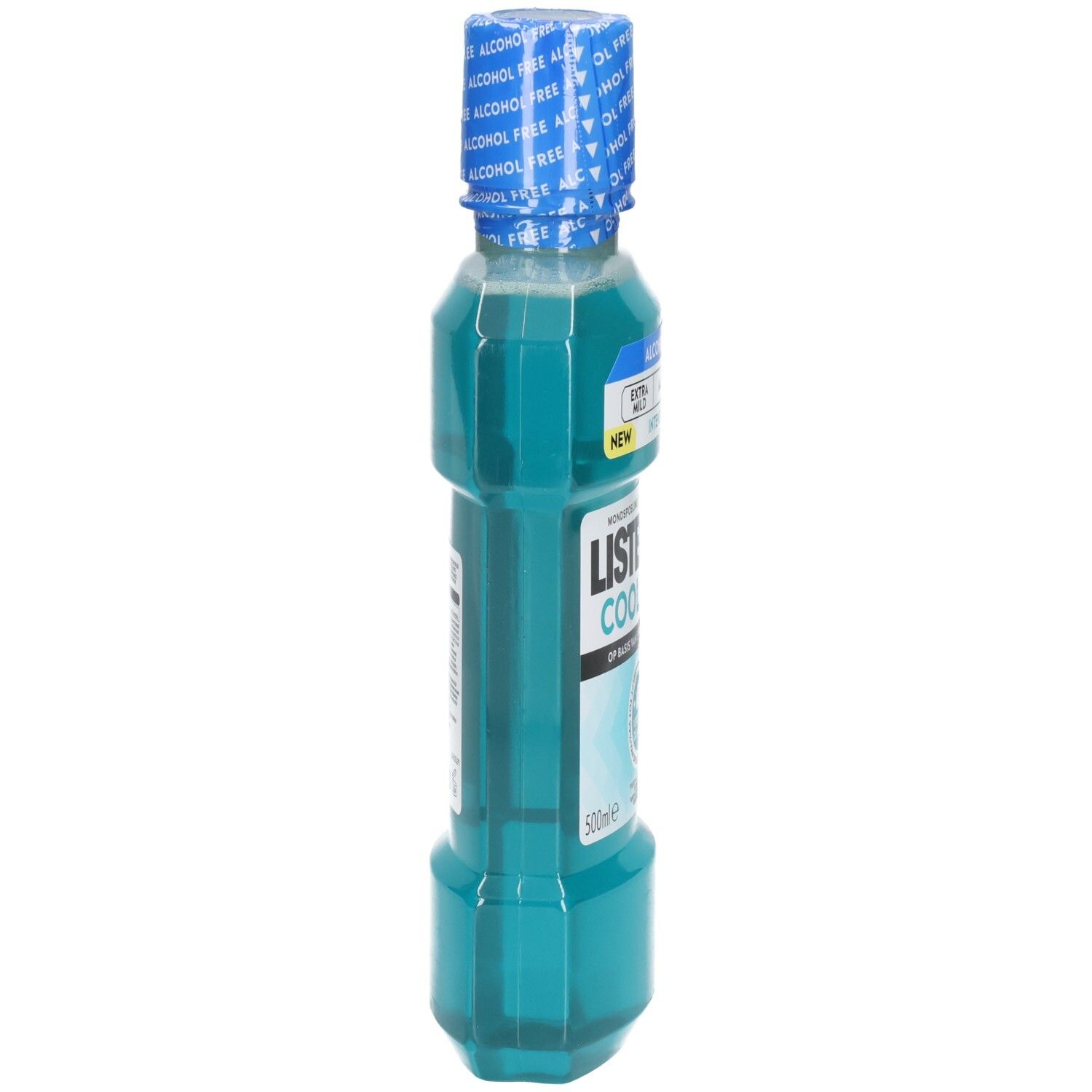 Flasche Listerine Cool Mint Mundspülung, 500ml, türkise Flüssigkeit.