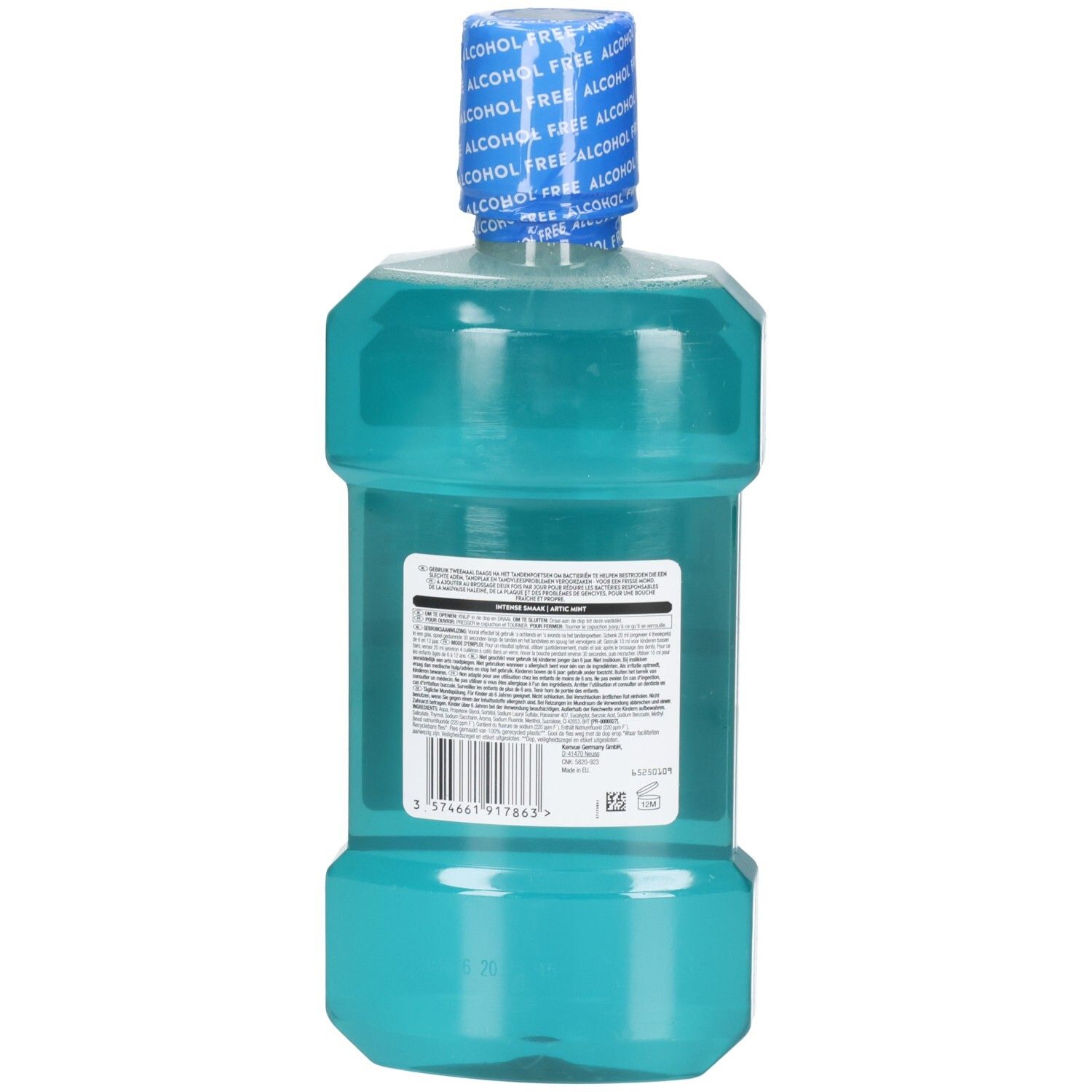 Türkise Mundspülung in durchsichtiger Plastikflasche mit blauem, bedrucktem Verschlussband.