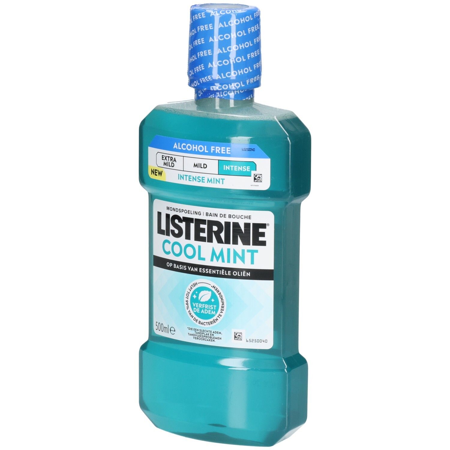 Flasche Listerine Cool Mint Mundspülung, 500ml, alkohol- und minzfrei.