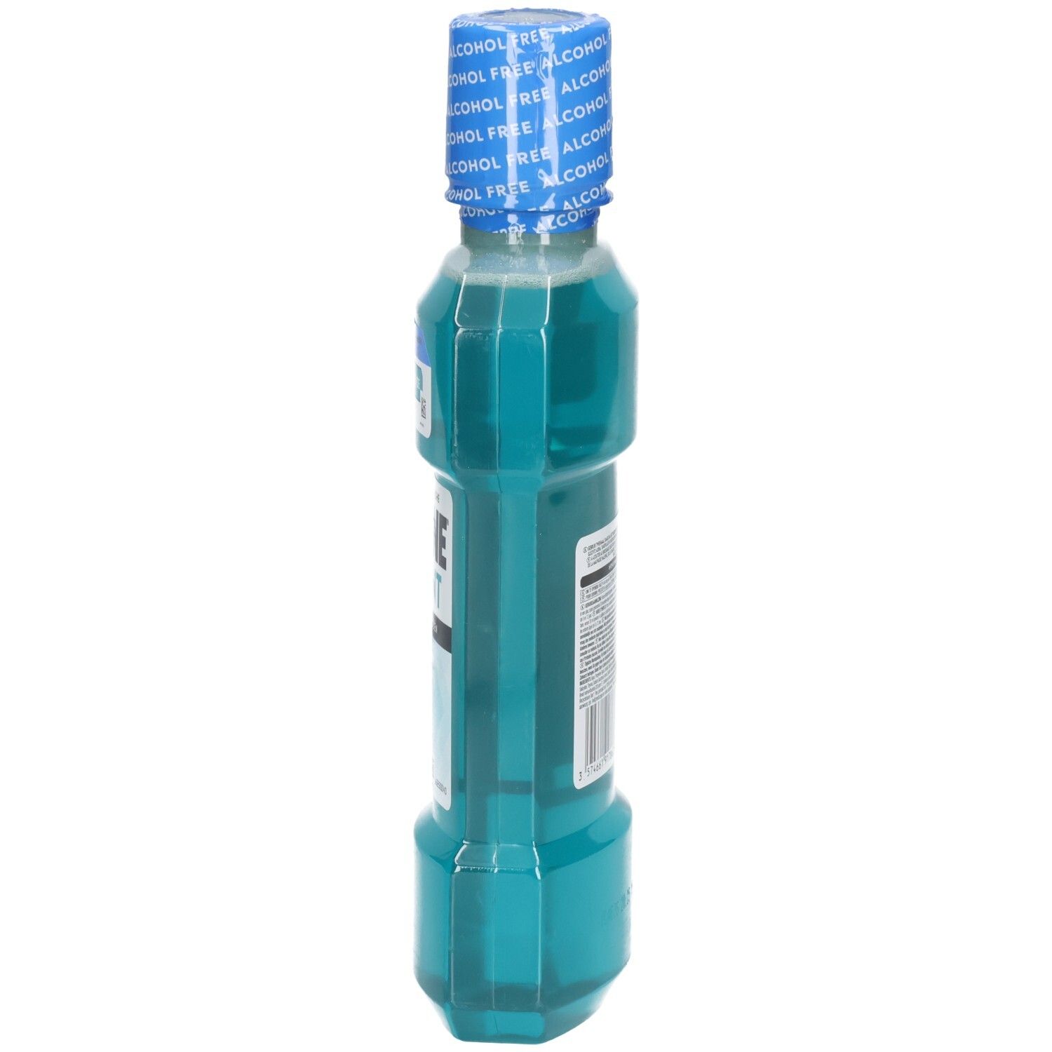 Flasche türkisfarbener Mundspülung mit blauem, bedrucktem Deckelband.