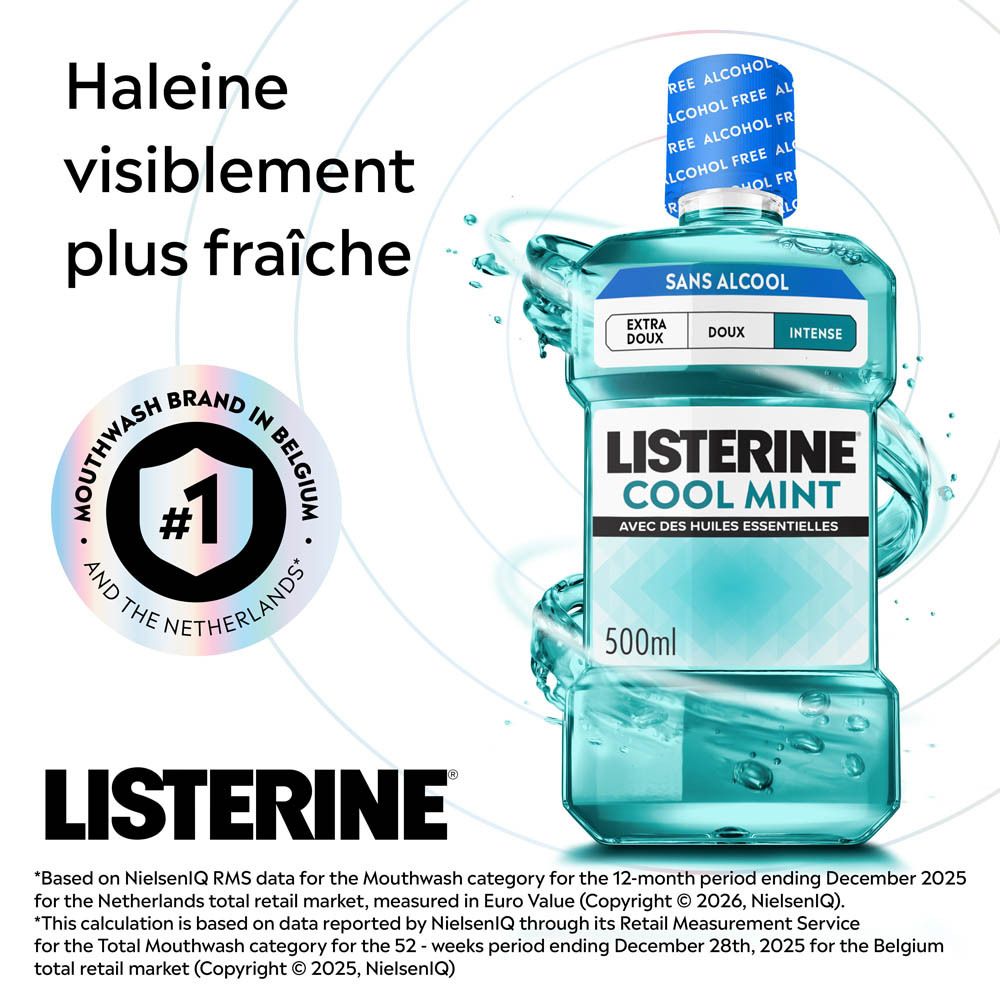 Listerine Cool Mint Mundwasser, 500ml, alkoholfrei.