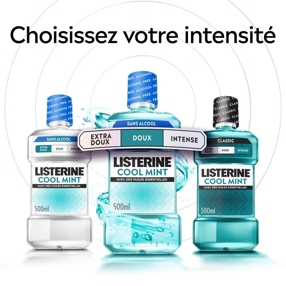 Drei Flaschen Listerine Cool Mint Mundspülung in verschiedenen Intensitäten: Extra Sanft, Sanft und Intensiv.