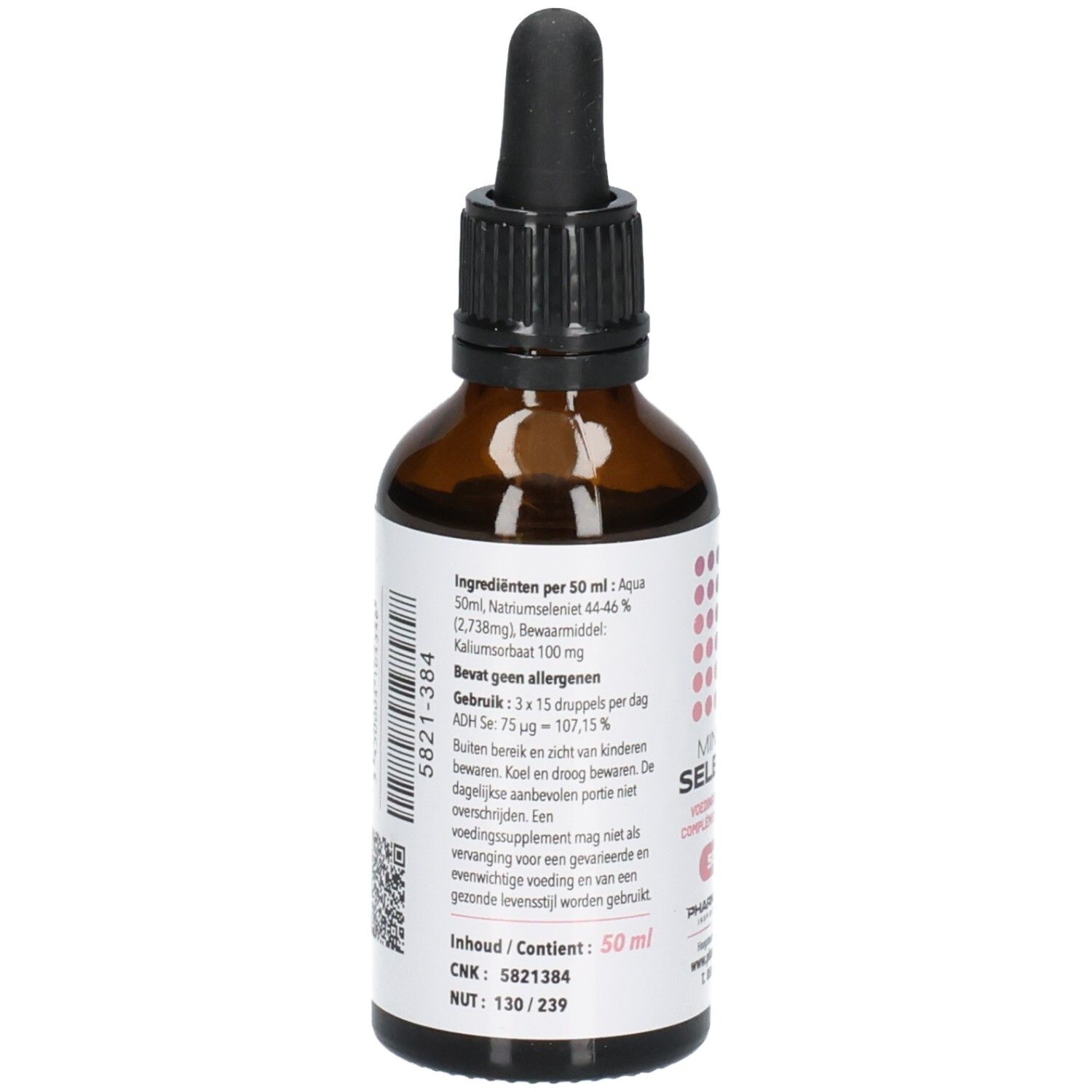 Rückseite einer Braunglasflasche mit Pipette, 50 ml, mit Zutaten- und Anwendungsinformationen.