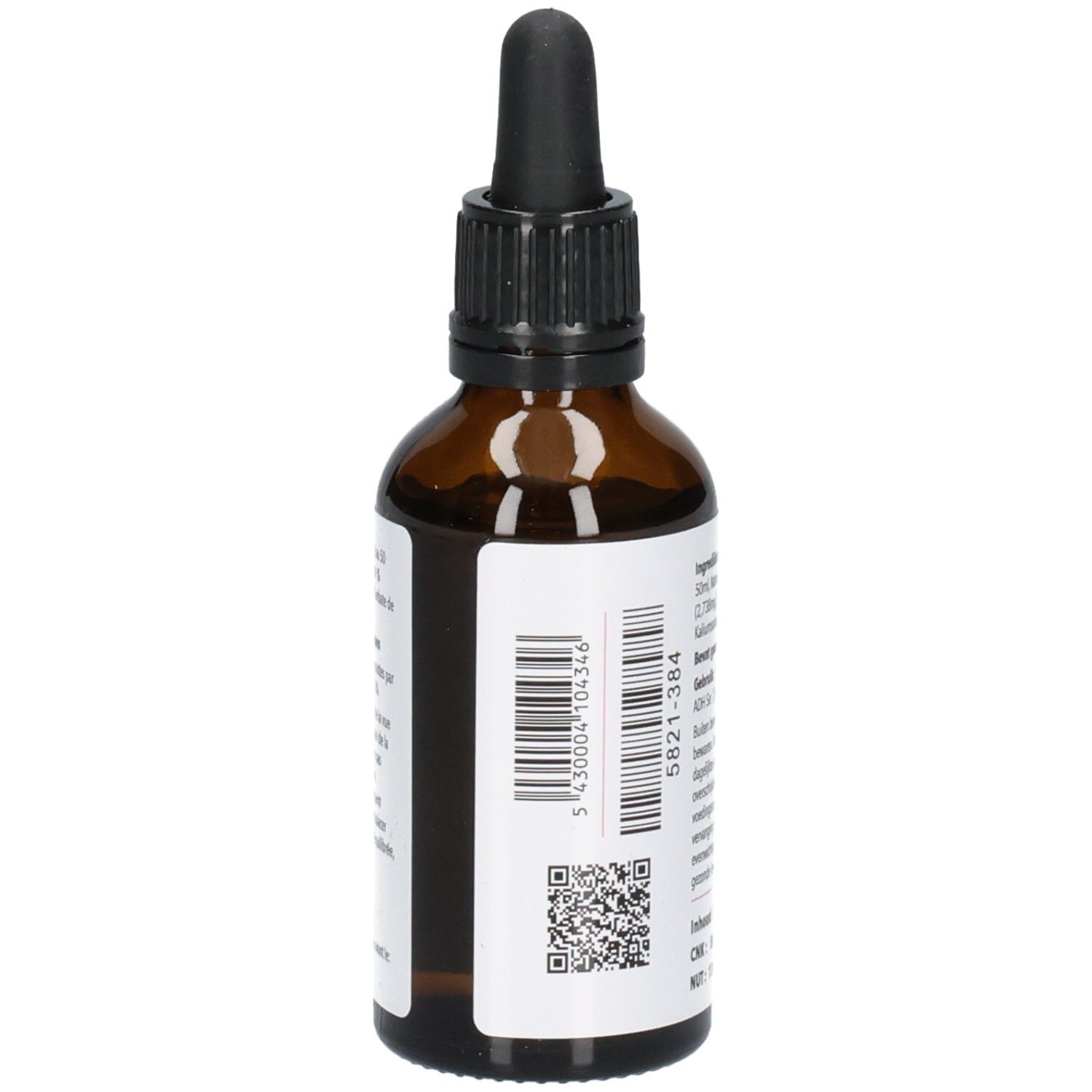 Seite einer Braunglasflasche mit Pipette, 50 ml, mit Barcode und QR-Code auf dem Etikett.