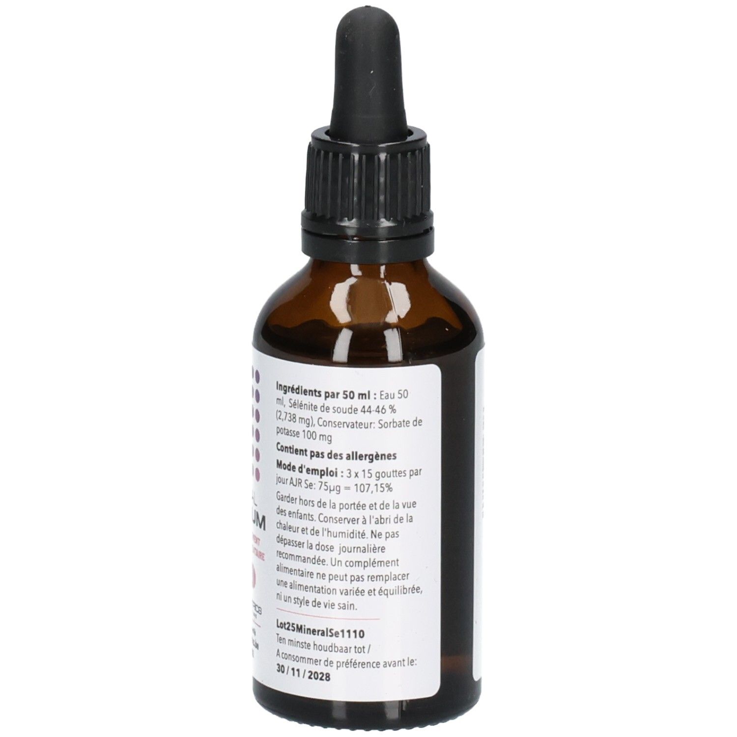 Rückseite einer Braunglasflasche mit Pipette, 50 ml, mit Zutaten- und Anwendungsinformationen auf Französisch.
