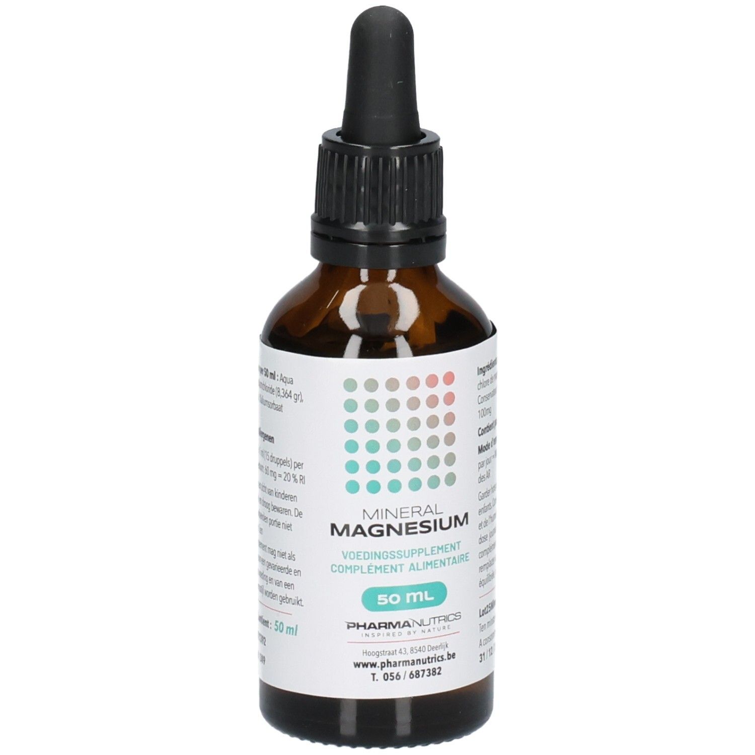 Flacon en verre brun avec bouchon compte-gouttes, étiquette "MINERAL MAGNESIUM 50 ML".