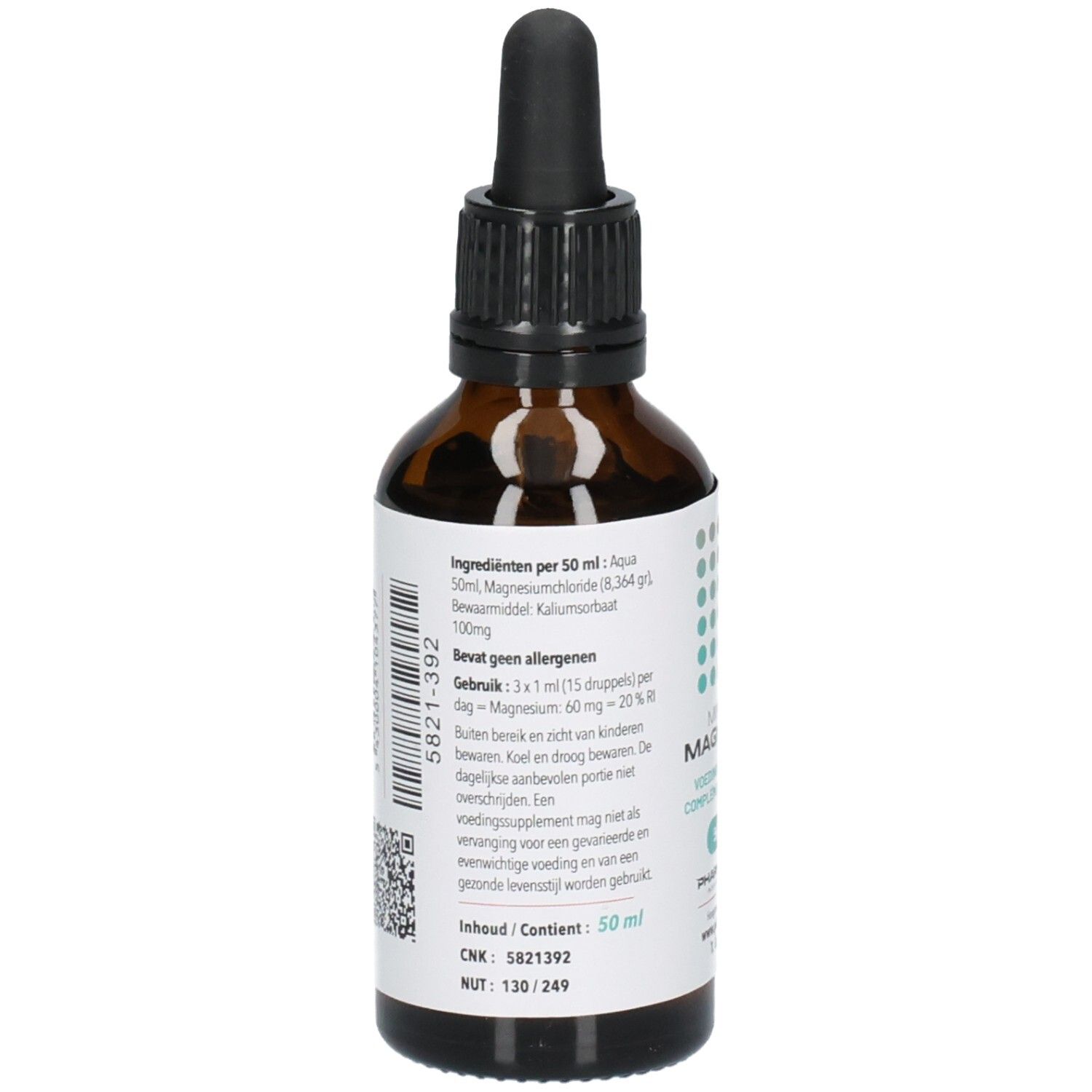 Arrière d'un flacon avec liste d'ingrédients et instructions d'utilisation pour "MINERAL MAGNESIUM".