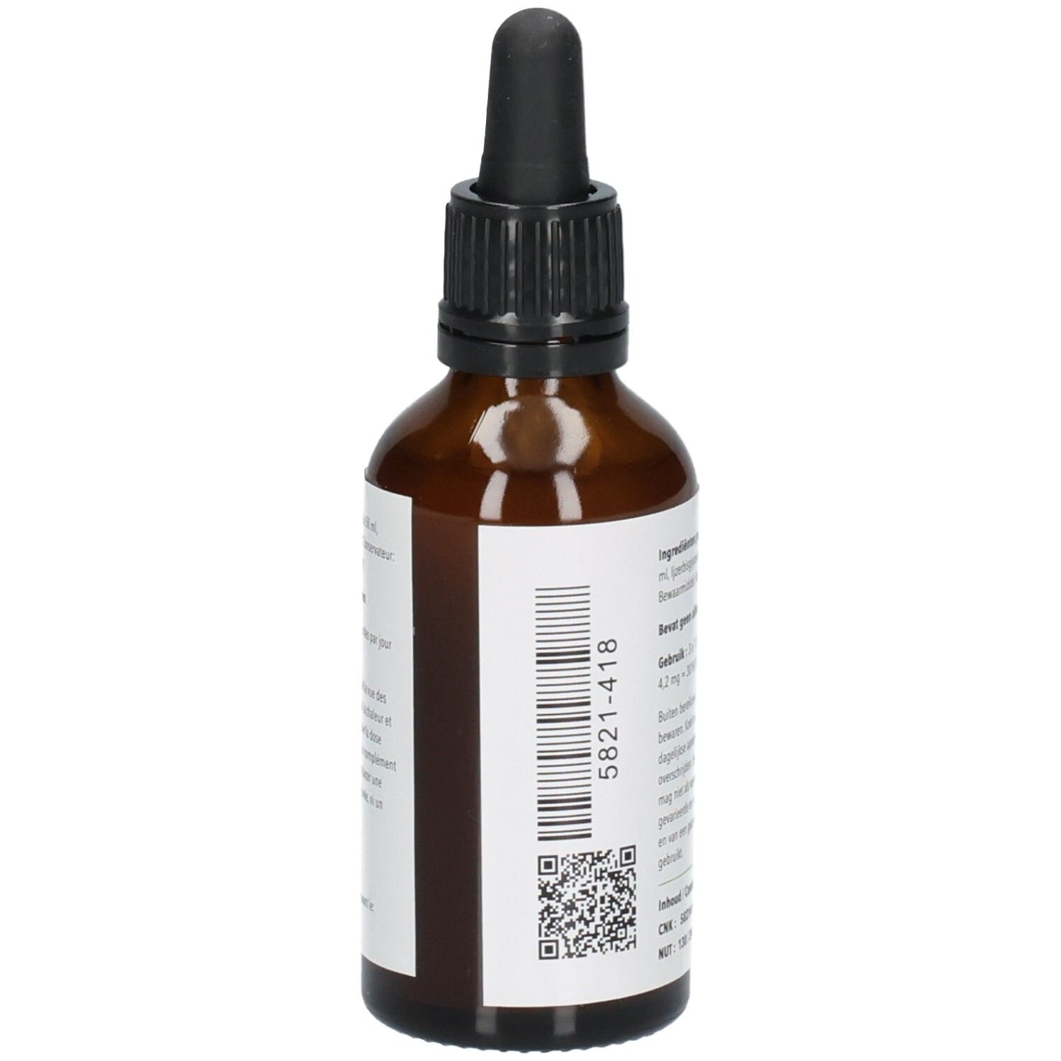 Seite einer braunen Glasflasche mit Pipettenverschluss. Etikett mit Barcode und QR-Code.
