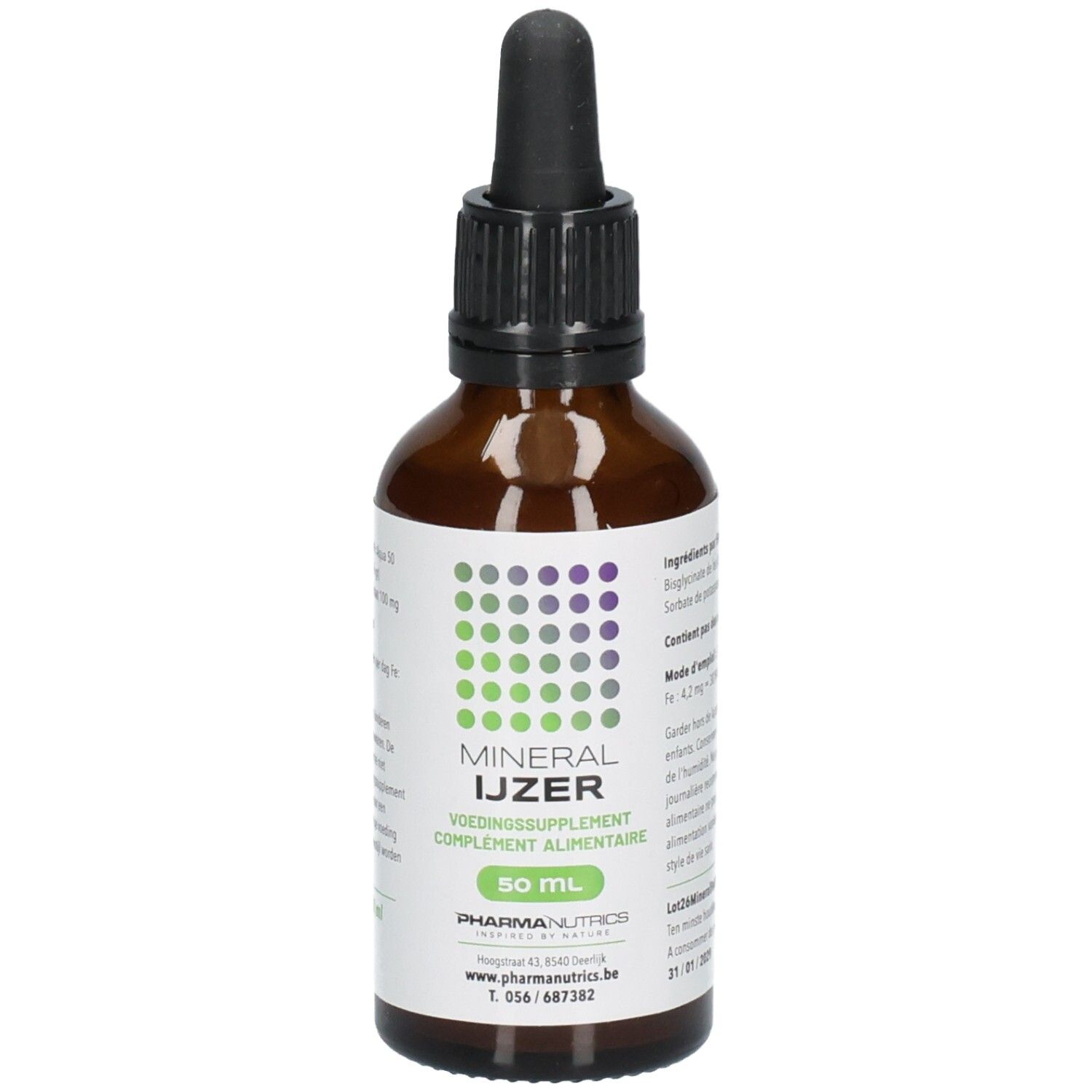 Braune Glasflasche mit Pipettenverschluss. Etikett mit grünen und violetten Punkten, "MINERAL IJZER 50 ML" und Pharmaceutics Logo.