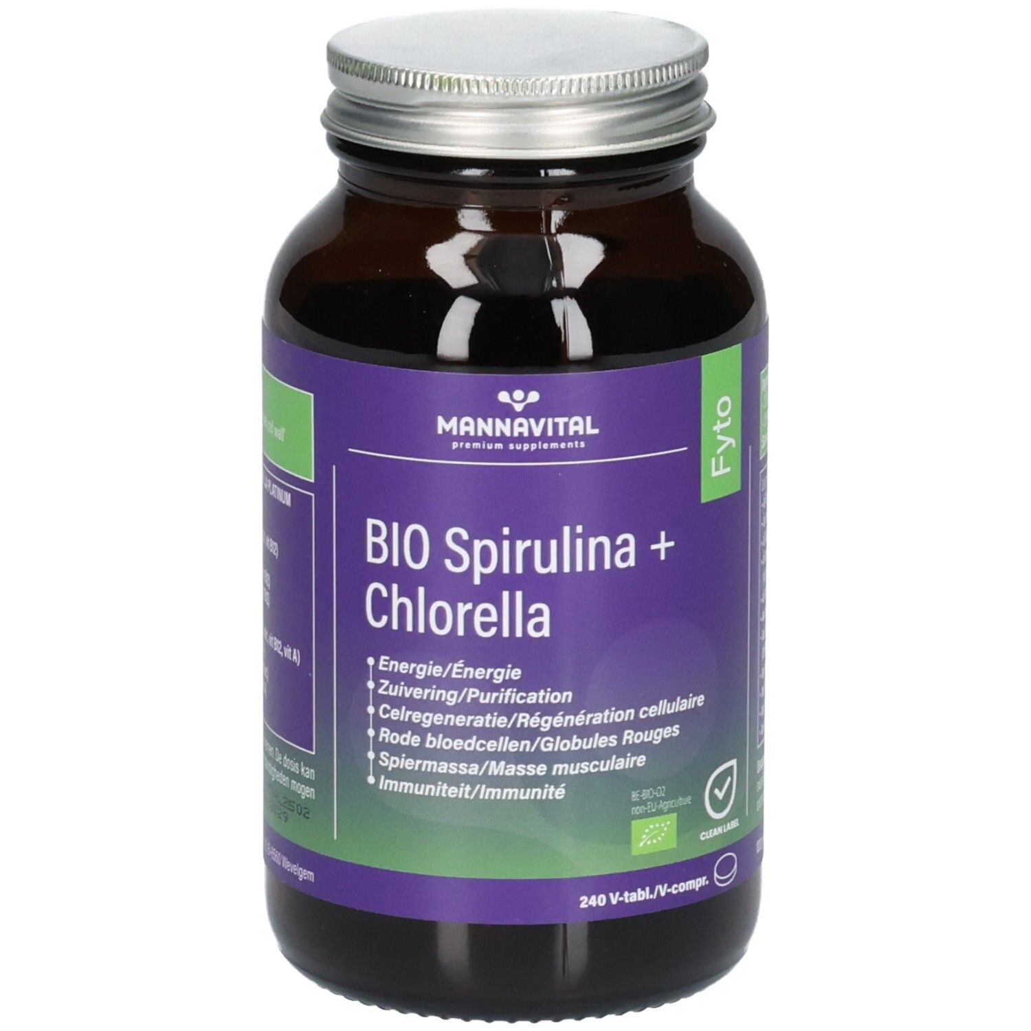 Mannavital Bio Spirulina + Chlorella Braunglasflasche mit silbernem Schraubdeckel. Grüne und violette Etiketten mit Produktinformationen.