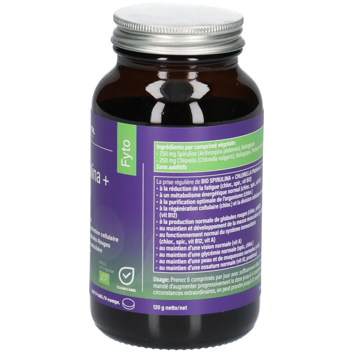 Rückseite einer Mannavital Bio Spirulina + Chlorella Braunglasflasche. Violettes Etikett mit detaillierten Produktinformationen und Inhaltsstoffen.