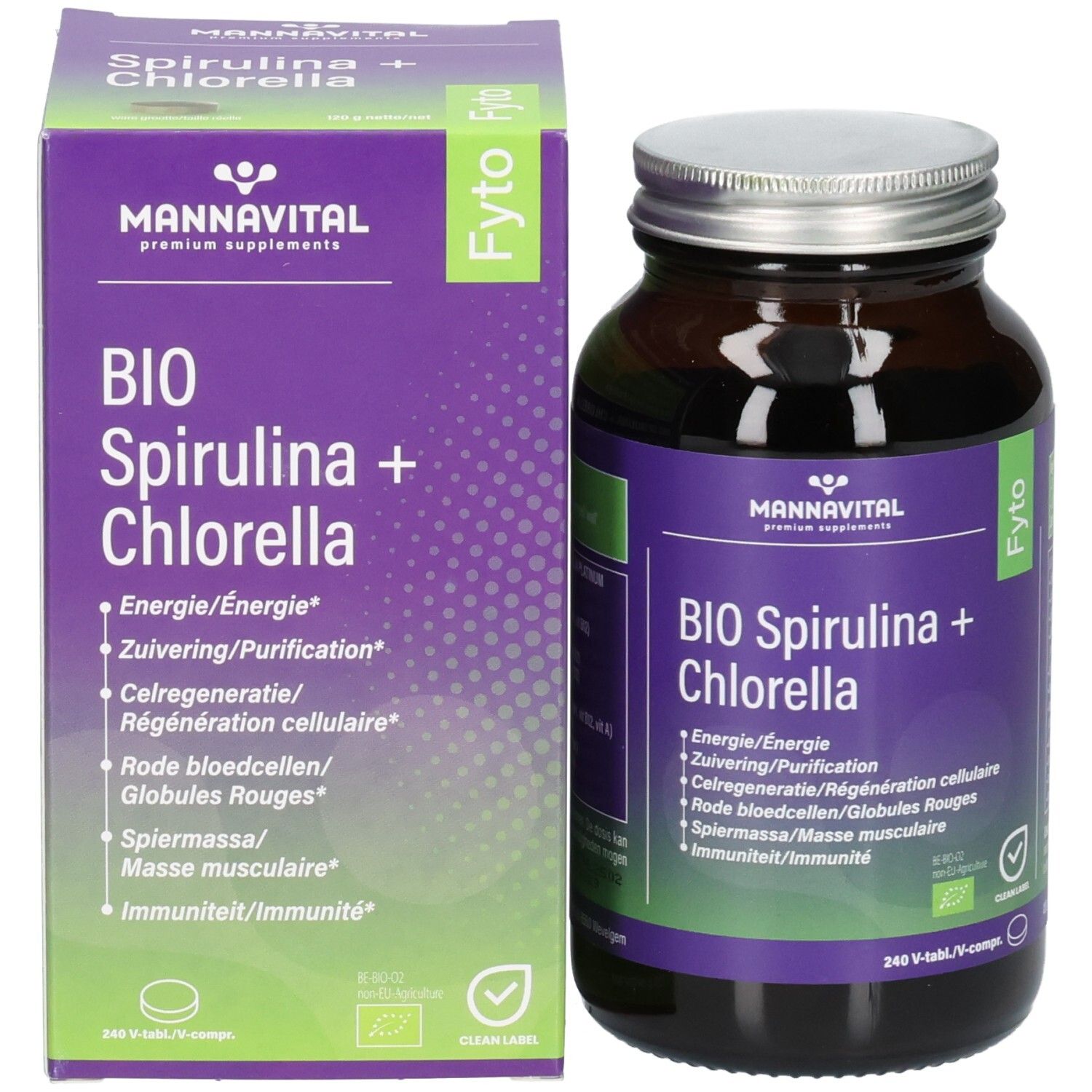 Mannavital Bio Spirulina + Chlorella Kartonverpackung und Braunglasflasche nebeneinander. Grüne und violette Verpackungsdetails.
