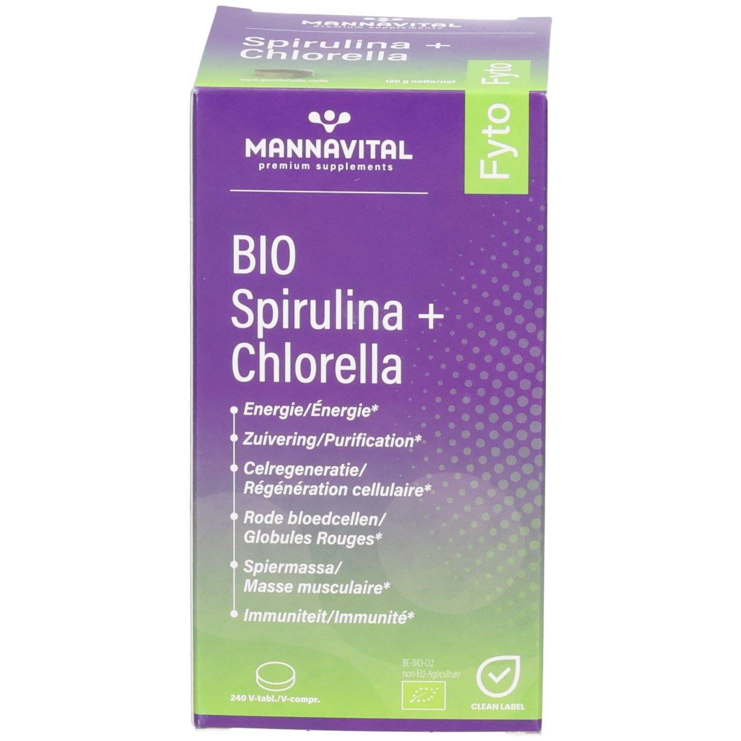Mannavital Bio Spirulina + Chlorella Kartonverpackung, Vorderansicht. Violett und grün mit Produktnamen und Informationen.
