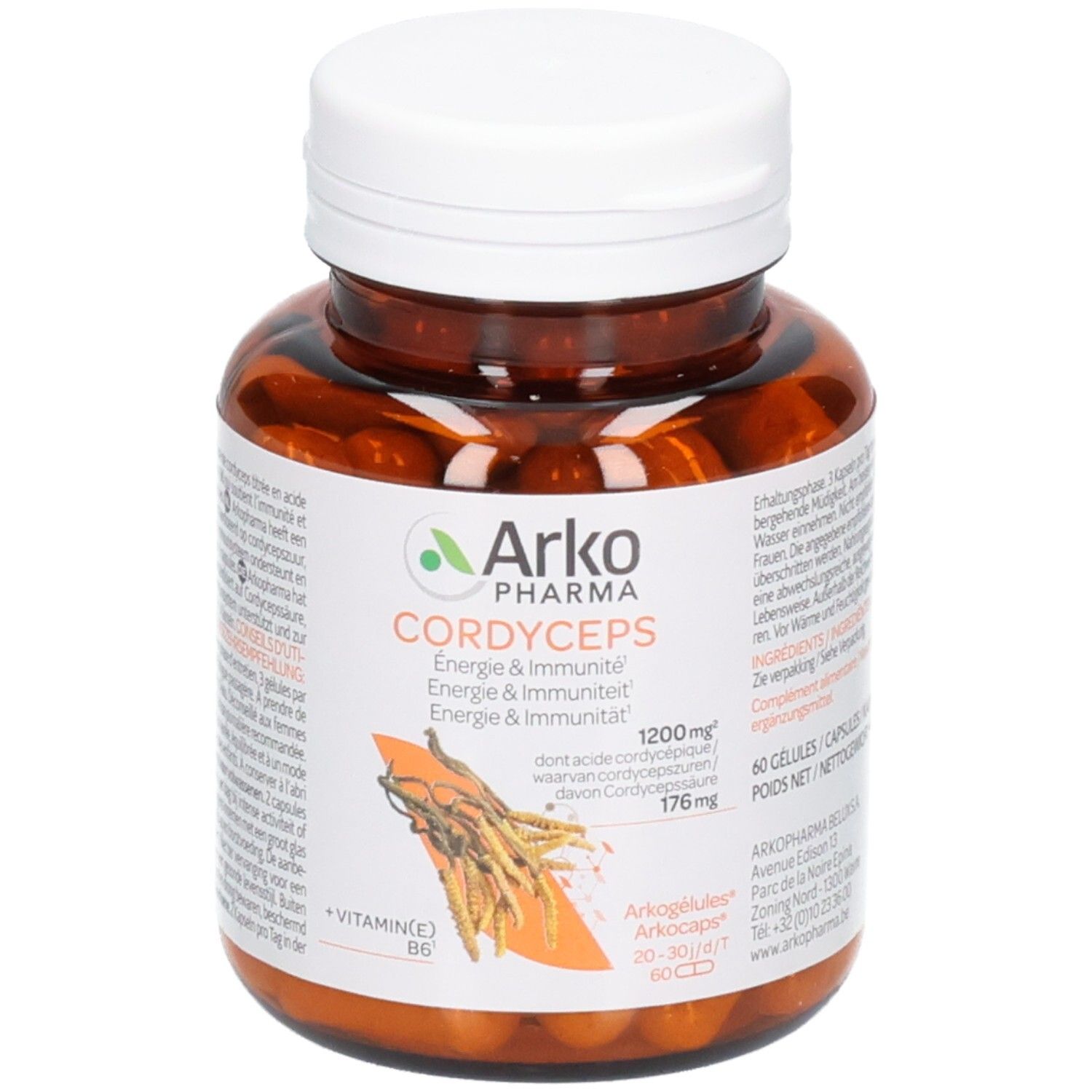 Braune Pillendose mit weißem Deckel, Arkogélules Cordyceps, 60 Kapseln.