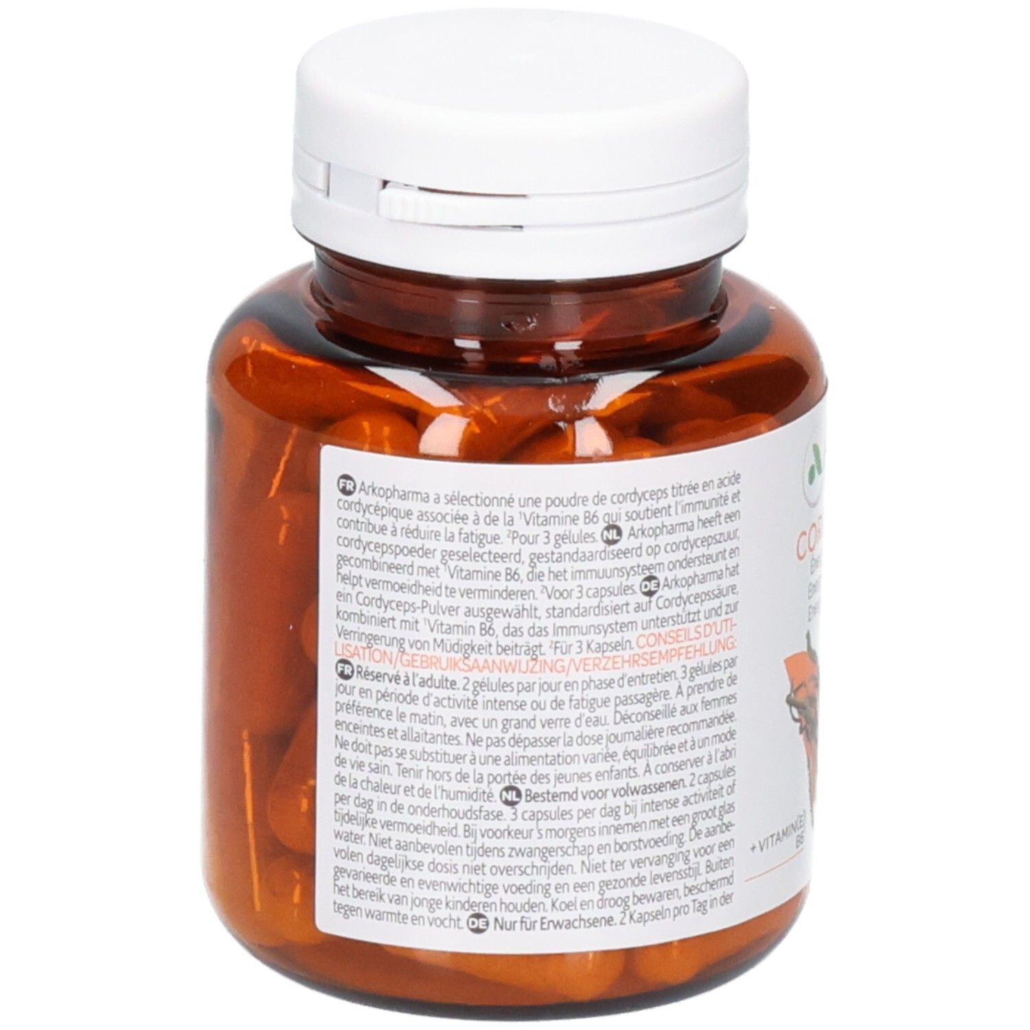 Rückseite einer Pillendose mit Arkogélules Cordyceps, Informationen zu Inhaltsstoffen und Anwendung.