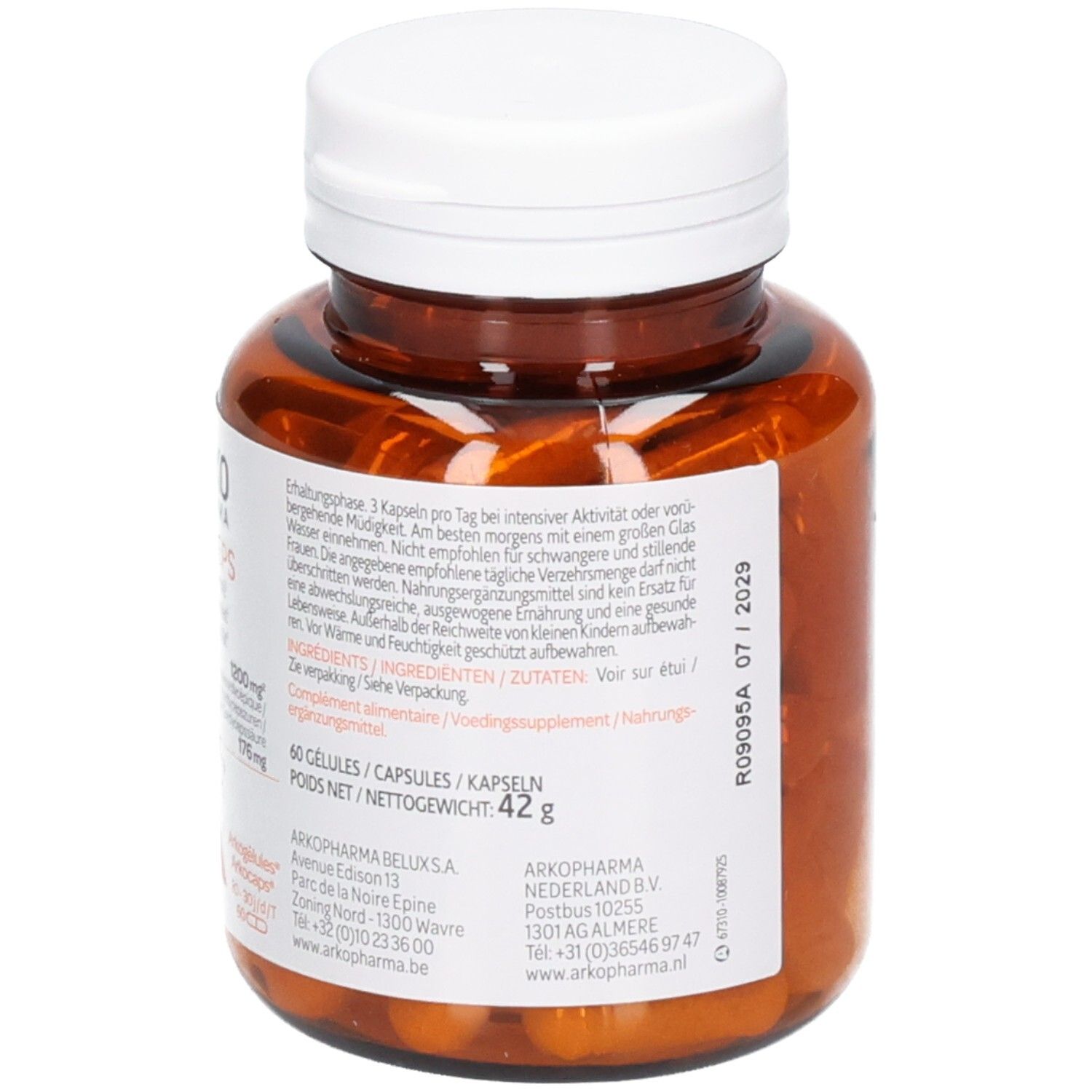 Rückseite einer Pillendose mit Arkogélules Cordyceps, Nettofüllmenge 42g, 60 Kapseln.