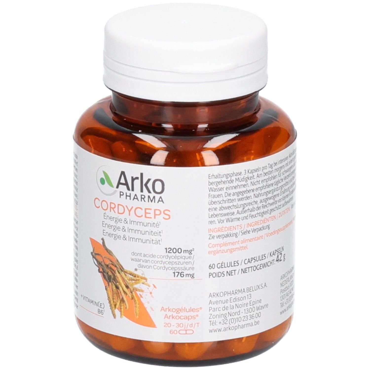 Braune Pillendose mit weißem Deckel, Arkogélules Cordyceps, 60 Kapseln, mit Vitamin B6.