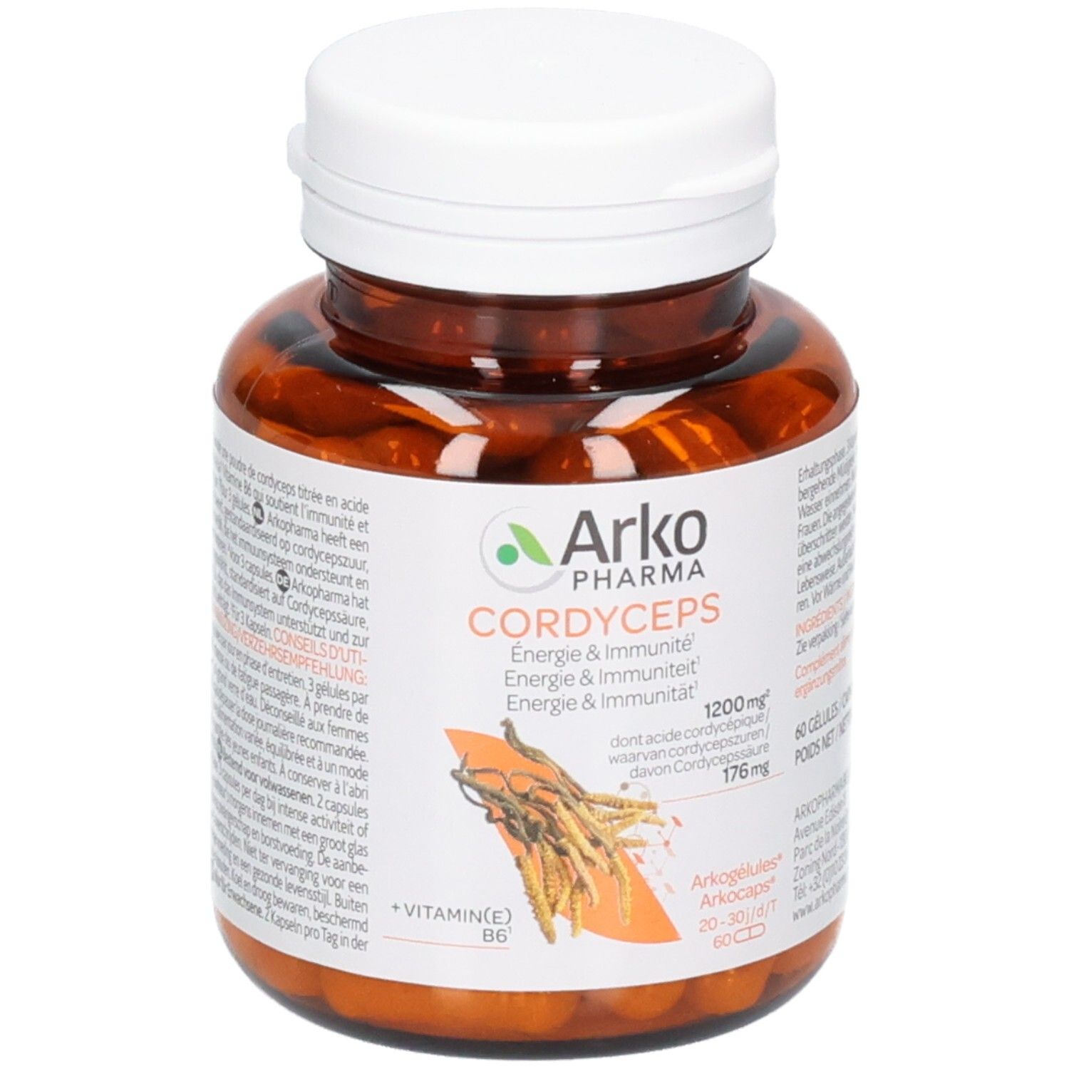 Braune Pillendose mit weißem Deckel, Arkogélules Cordyceps, 60 Kapseln, Energie & Immunität.