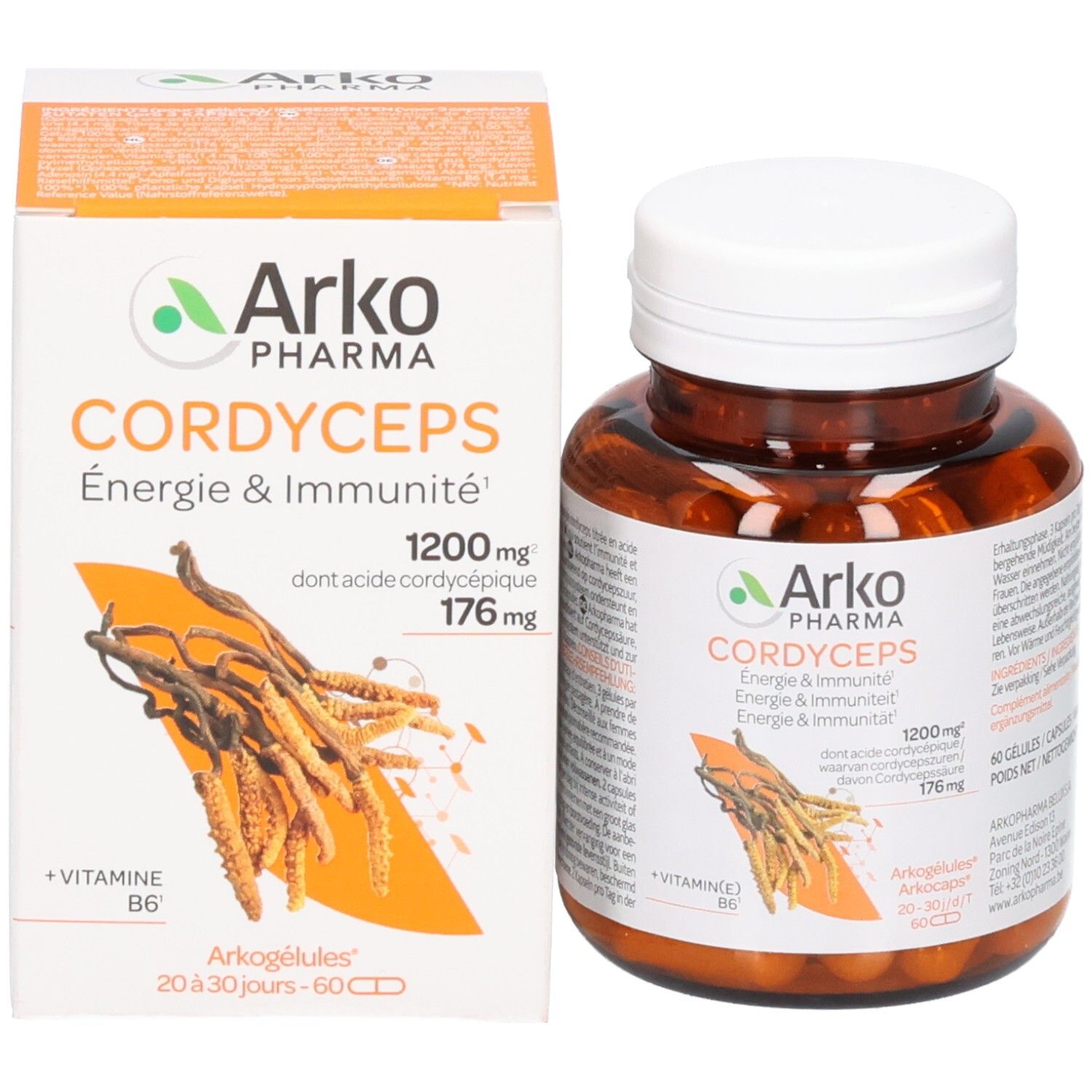 Pillendose und Kartonverpackung Arkogélules Cordyceps, 60 Kapseln.