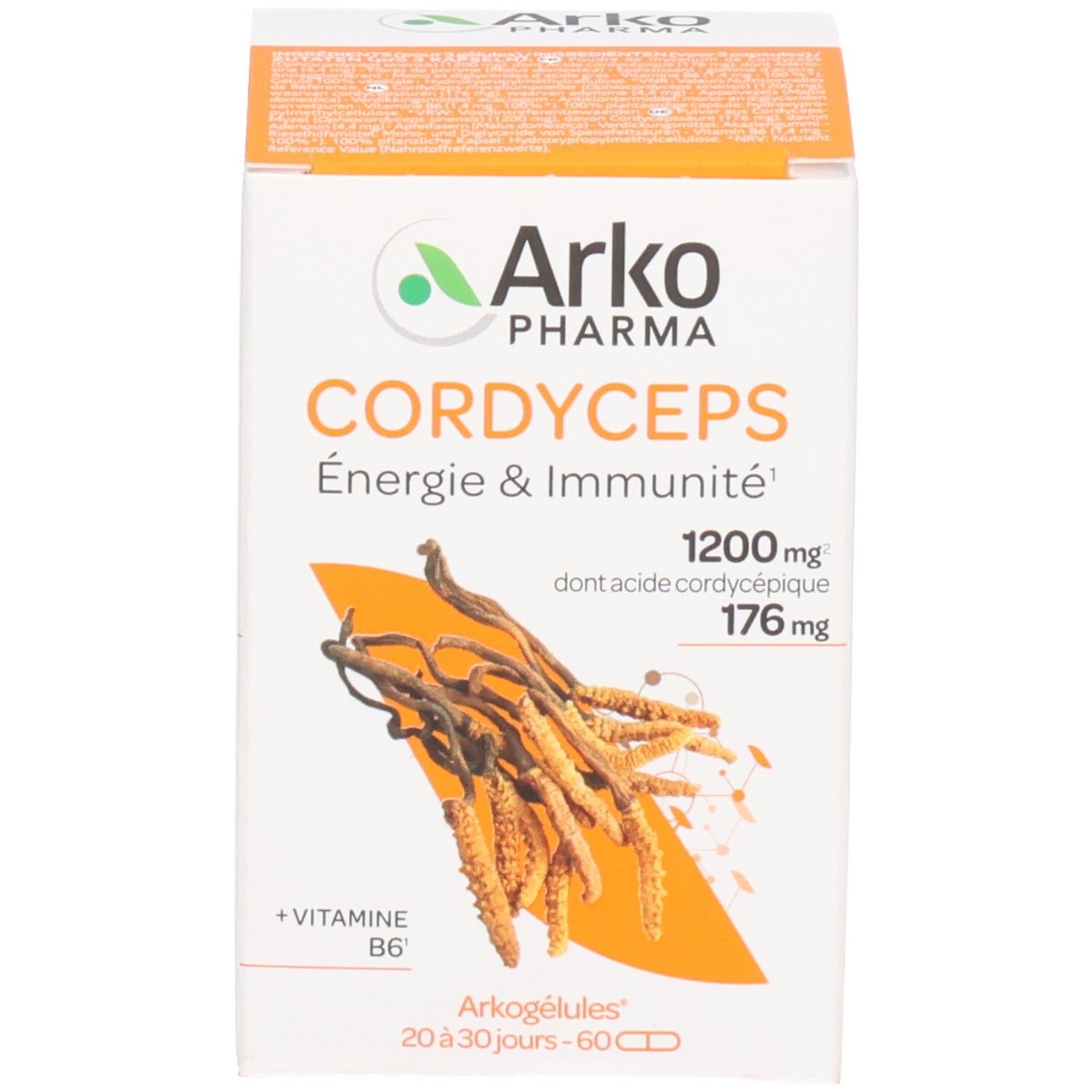 Kartonverpackung Arkogélules Cordyceps, 60 Kapseln, Energie & Immunität.