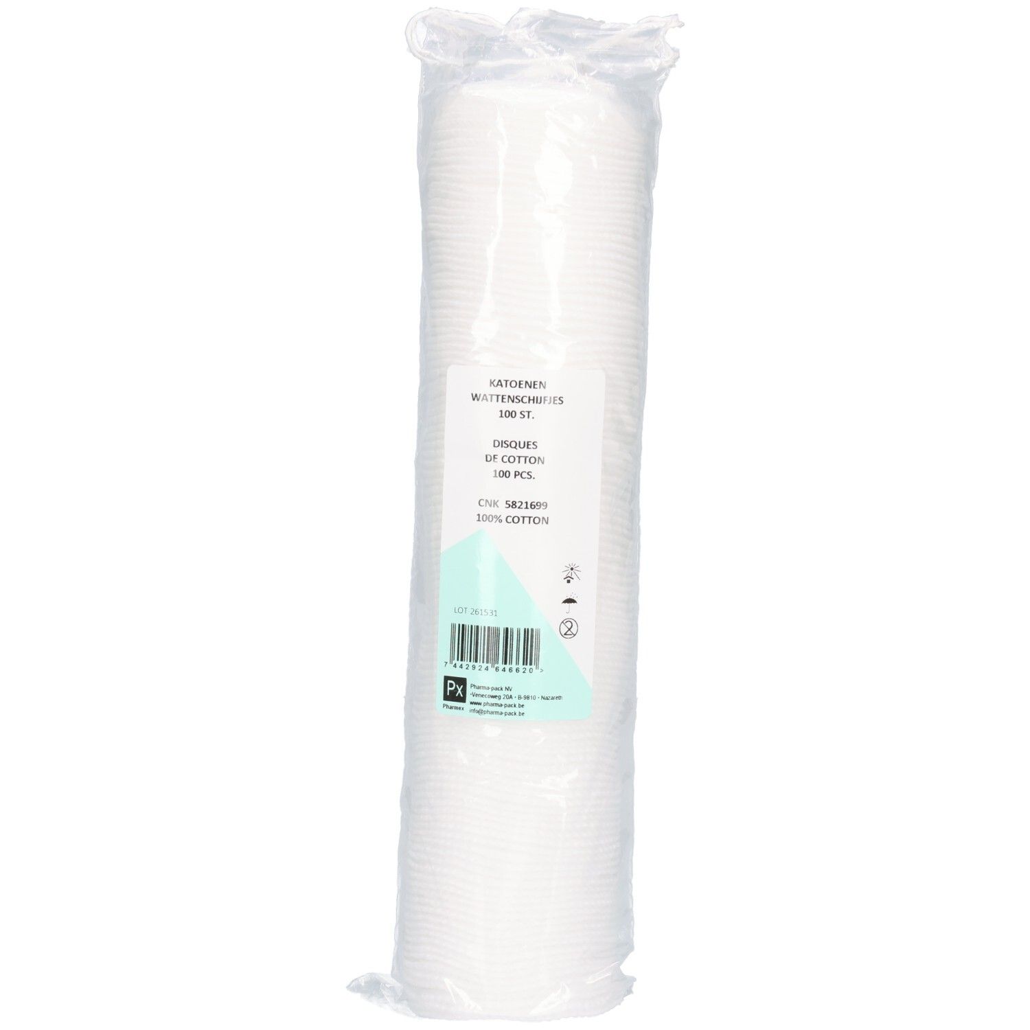 Verpackung mit 100 runden Wattepads aus 100% Baumwolle.