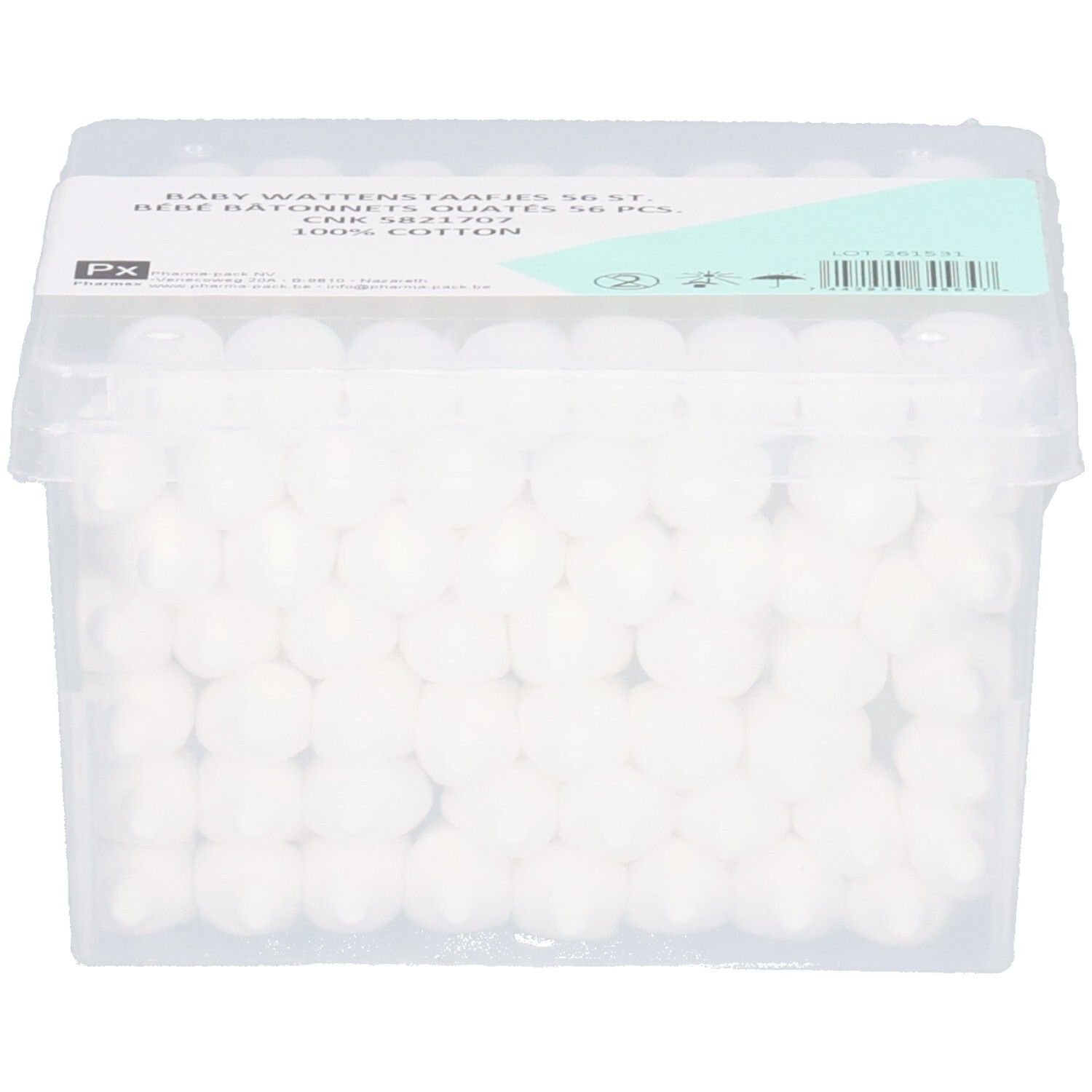 Transparenter Behälter mit 56 Wattestäbchen für Babys, 100% Baumwolle.