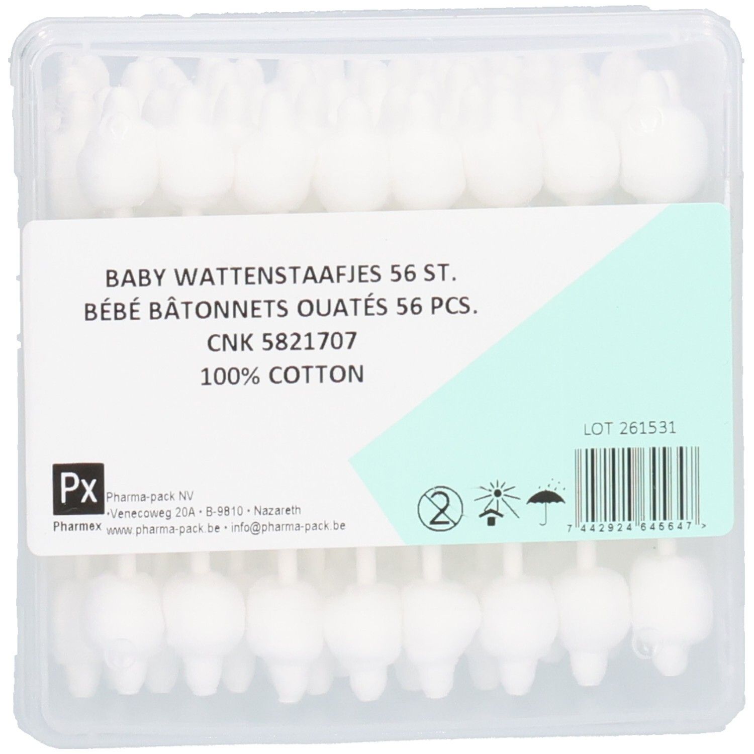 Packung mit 56 Baby-Wattestäbchen aus 100% Baumwolle, mit Produktinformationen und Barcode.