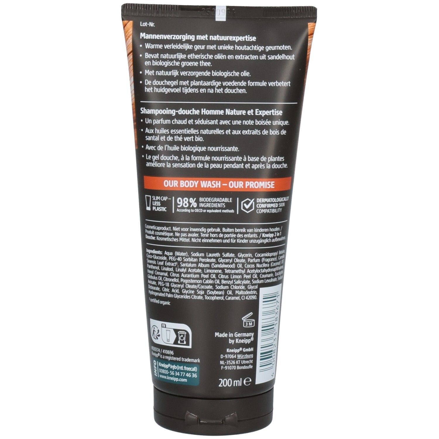 Rückseite der Kneipp Men 2-in-1 Douche Wild Power Flasche mit Inhaltsstoffen und Anwendungshinweisen.