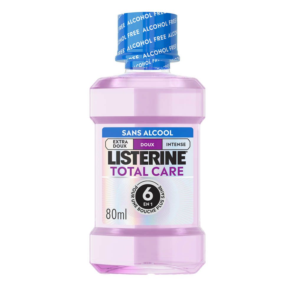 Bouteille de bain de bouche LISTERINE Total Care, 80ml, sans alcool, étiquetage français.