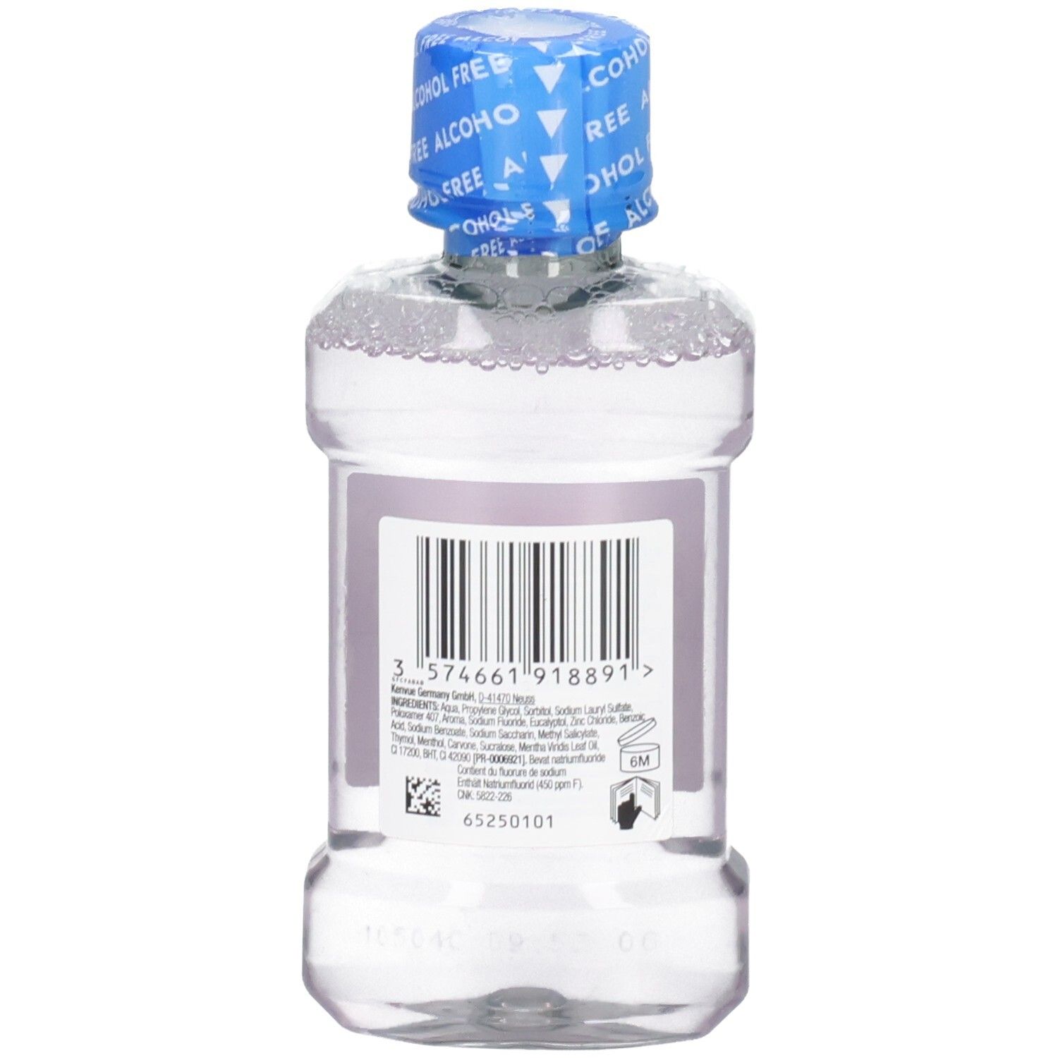 Rückseite einer Flasche LISTERINE Total Care Mundspülung mit Barcode.