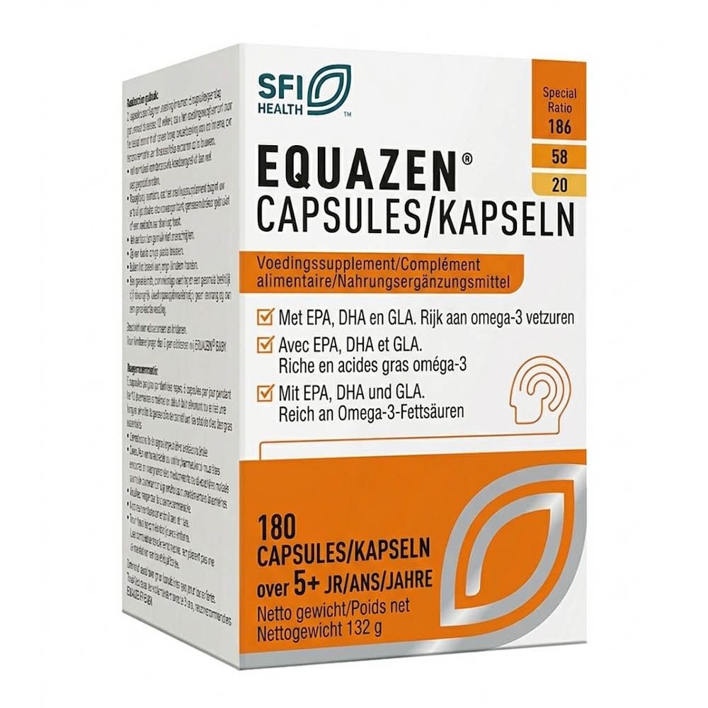 Équazen Capsules : 180 capsules, complément alimentaire avec EPA, DHA et GLA. Ratio spécial 186:58:20.