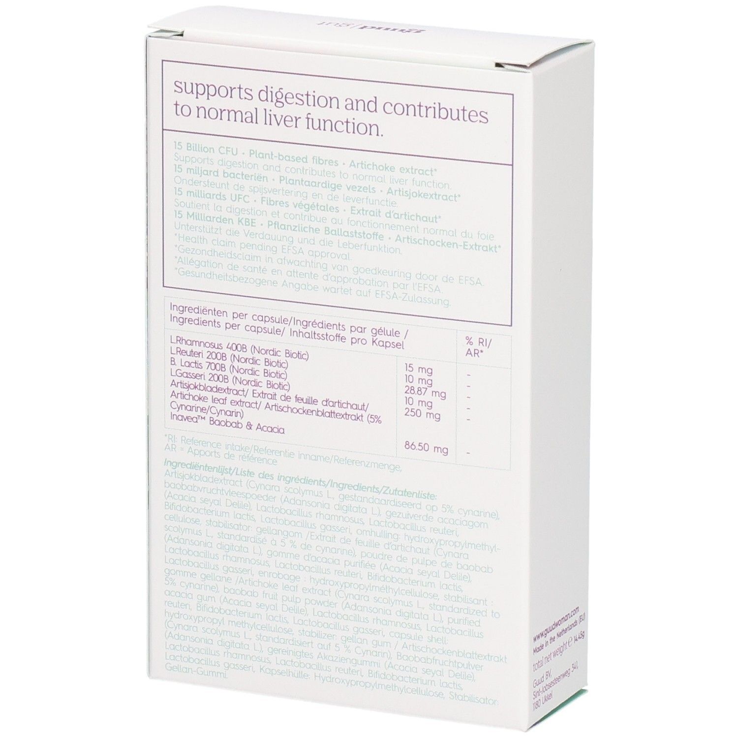 Rückseite der Produktverpackung. Text: Unterstützt die Verdauung und trägt zur normalen Leberfunktion bei. Zutatenliste.