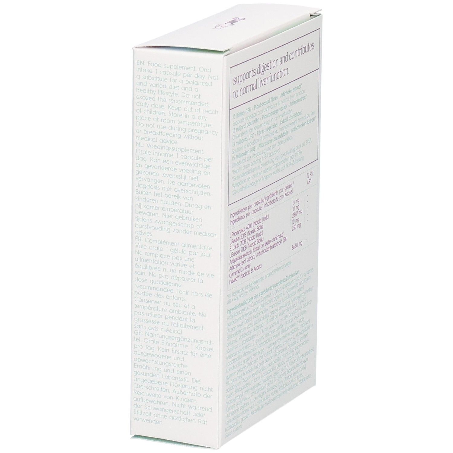 Rückseite der Produktverpackung. Text: Unterstützt die Verdauung und trägt zur normalen Leberfunktion bei. Zutatenliste.