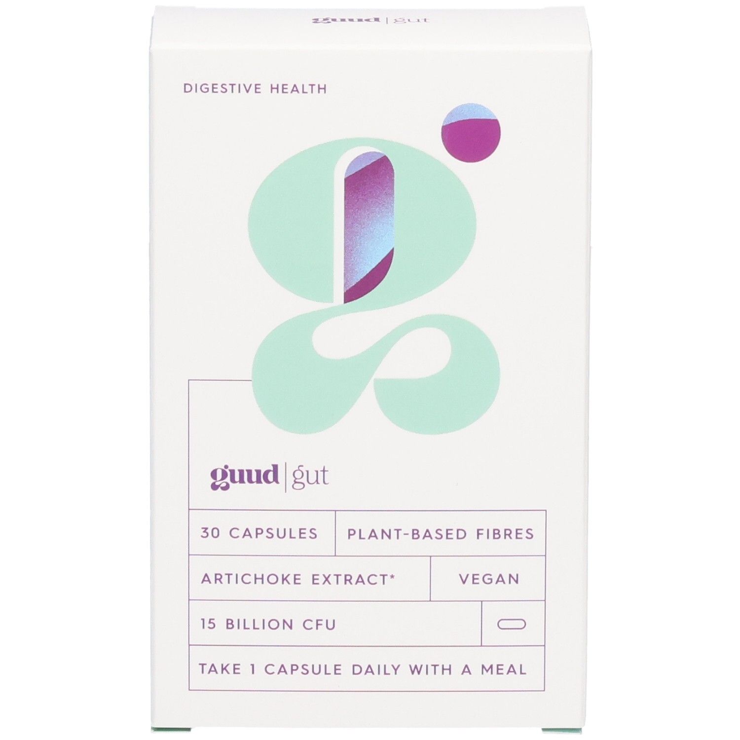 Weiße Schachtel mit Produktaufdruck. Aufschrift: Guud Gut, 30 Kapseln, pflanzliche Fasern, Artischockenextrakt, vegan, 15 Milliarden KBE.