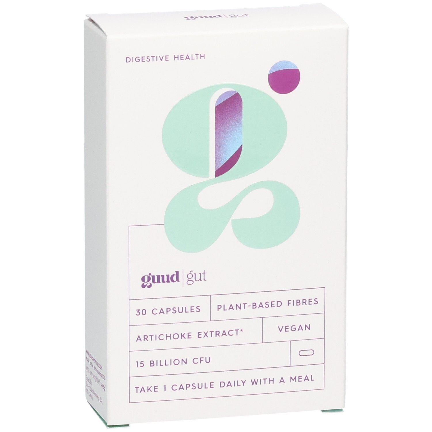 Weiße Schachtel mit Produktaufdruck. Aufschrift: Guud Gut, 30 Kapseln, pflanzliche Fasern, Artischockenextrakt, vegan, 15 Milliarden KBE.