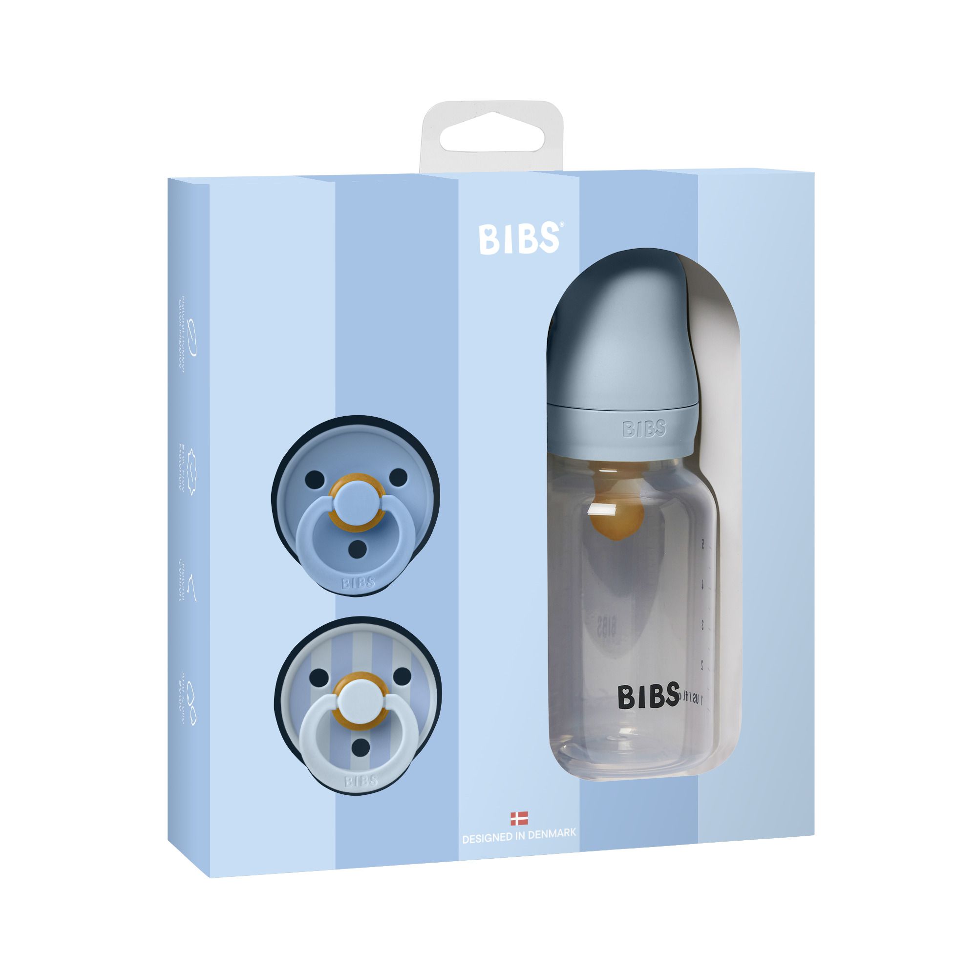 Coffret cadeau bleu avec biberon et sucettes. Marque BIBS. Emballage avec fenêtre.