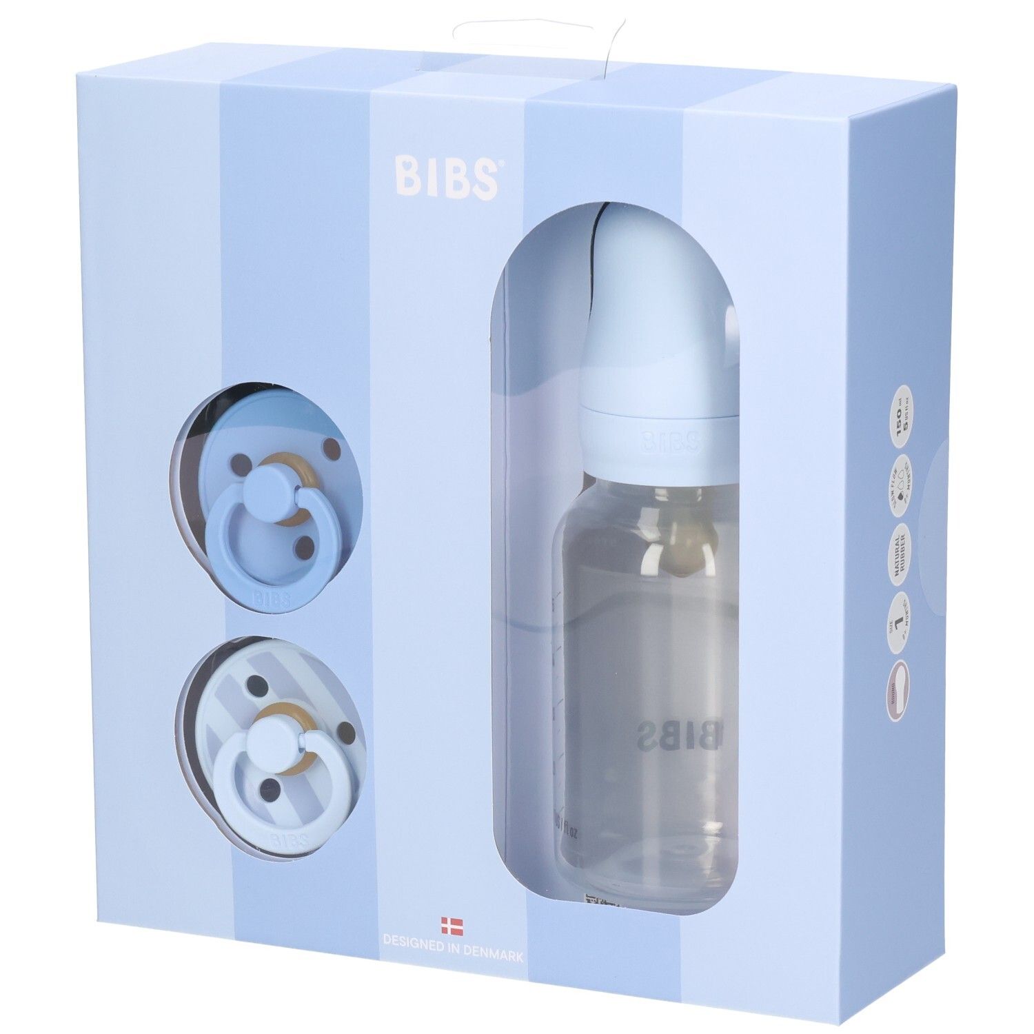 Coffret cadeau bleu avec biberon et sucettes. Marque BIBS. Emballage avec fenêtre.