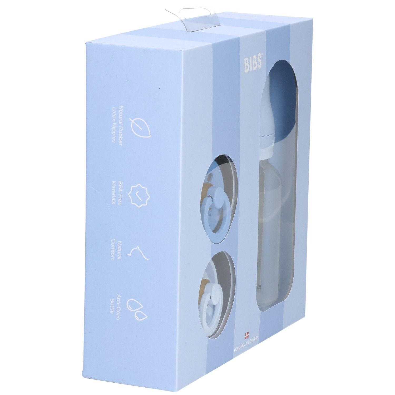 Coffret cadeau bleu avec biberon et sucettes. Marque BIBS. Emballage illustré.