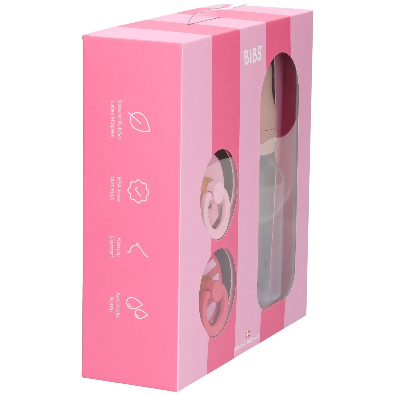 Rosa Geschenkbox mit Produktabbildungen und Icons. BIBS-Logo. Text: Natural Rubber, BPA-Free Materials, Natural Comfort.