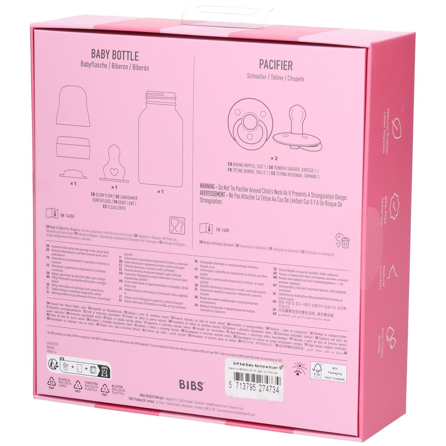 Rückseite der rosa Geschenkbox. Produktabbildungen und Text. BIBS-Logo. Warnhinweise und Gebrauchsanweisungen.