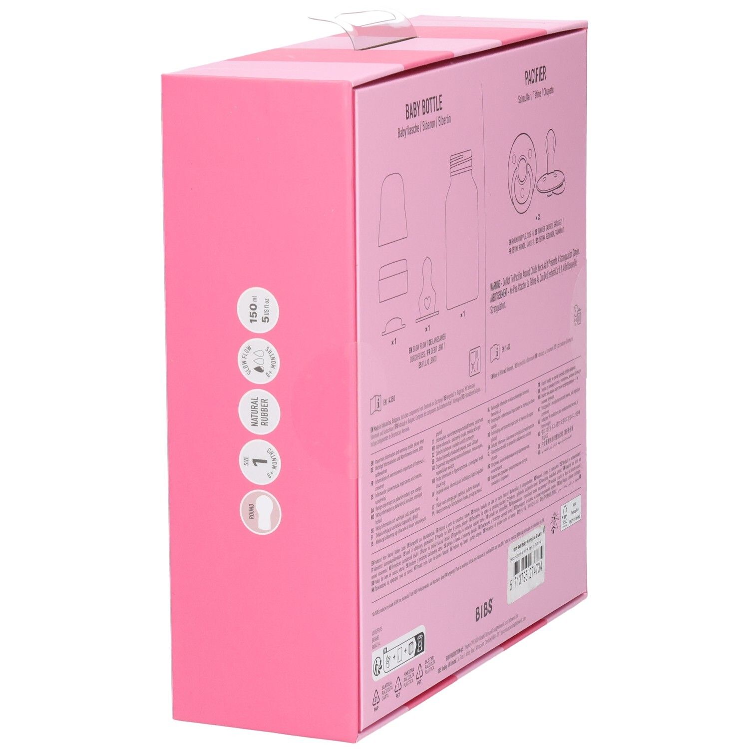 Seite der rosa Geschenkbox. Produktabbildungen und Text. BIBS-Logo. Warnhinweise und Gebrauchsanweisungen.